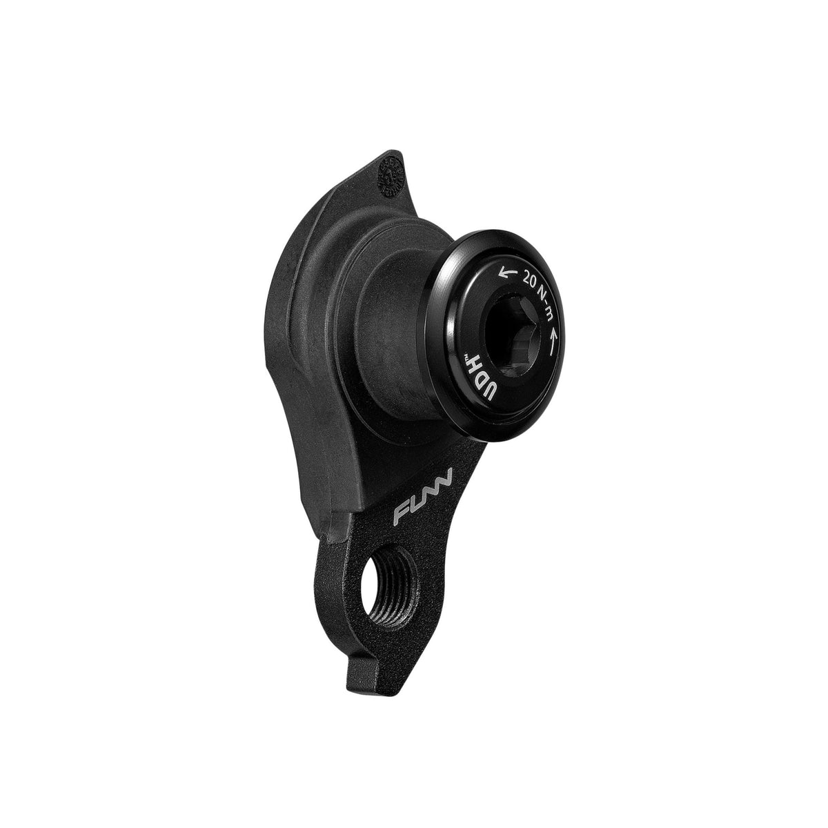 Funn UDH Hanger, black alloy bike derailleur hanger with bolt, shown on clean white background