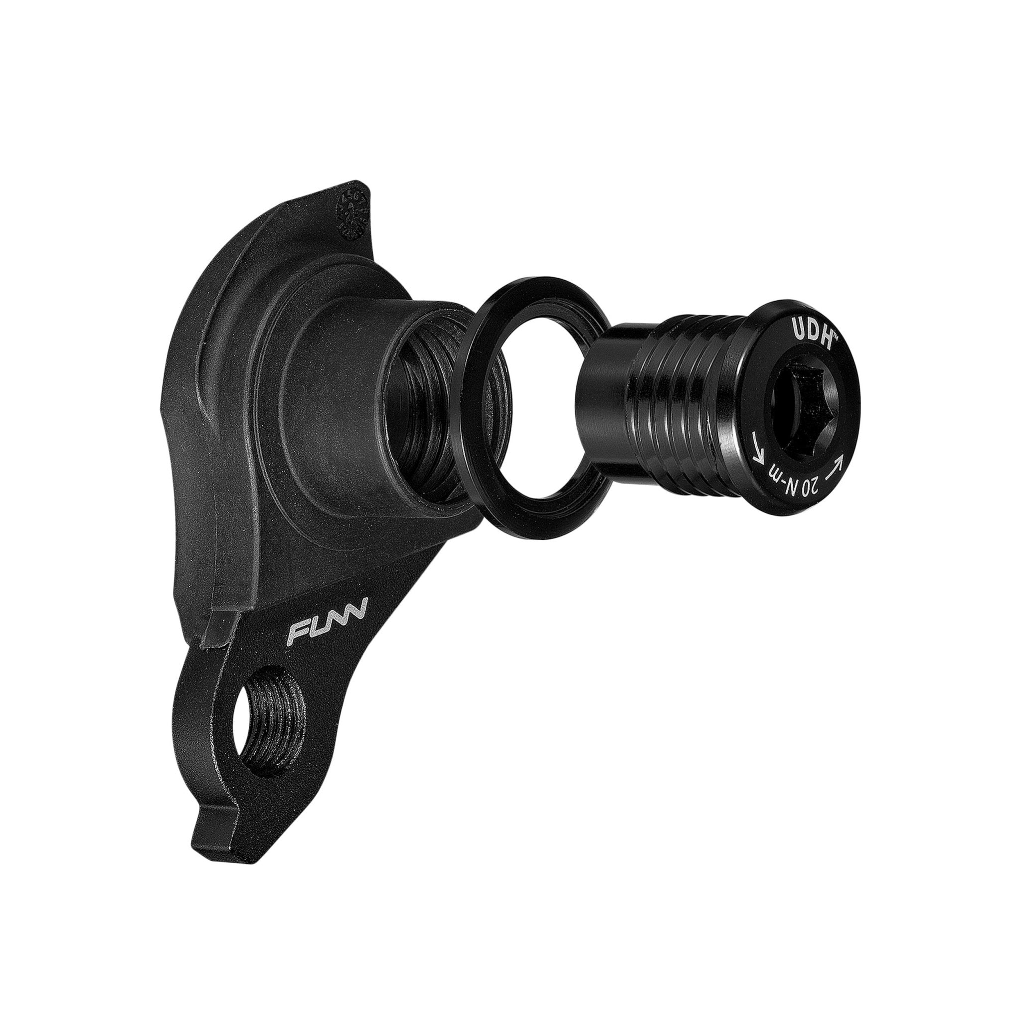 Funn UDH Hanger in black alloy with bolt and spacer, MTB derailleur hanger hardware on a clean white background explor photo