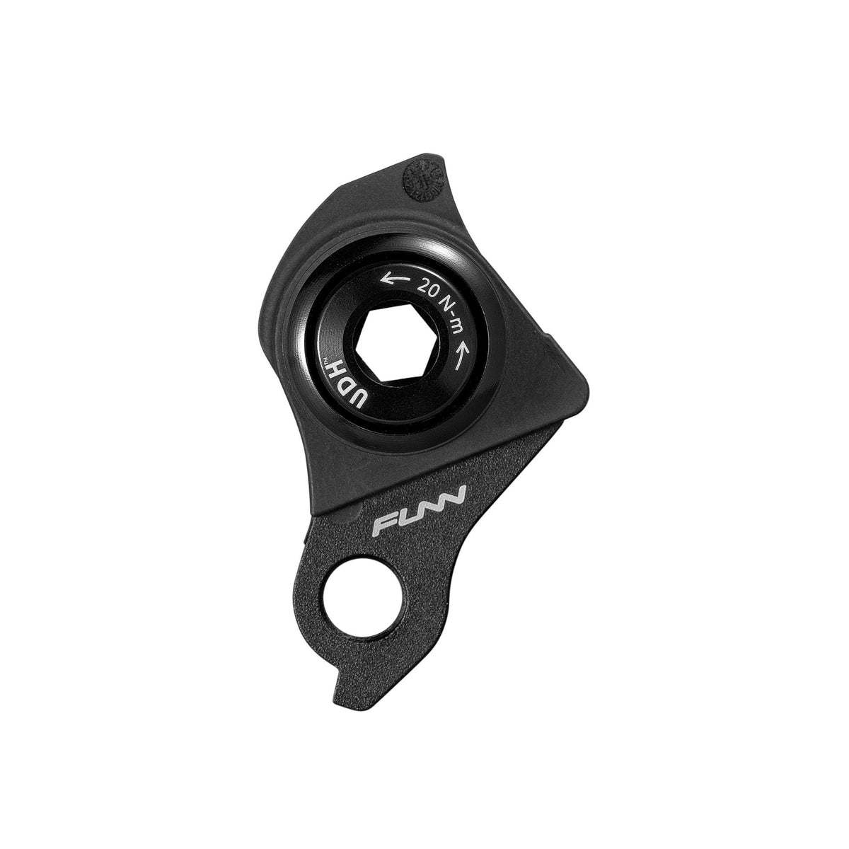 Black alloy FUNN UDH Hanger bike derailleur hanger with hex mount and logo on a clean white background