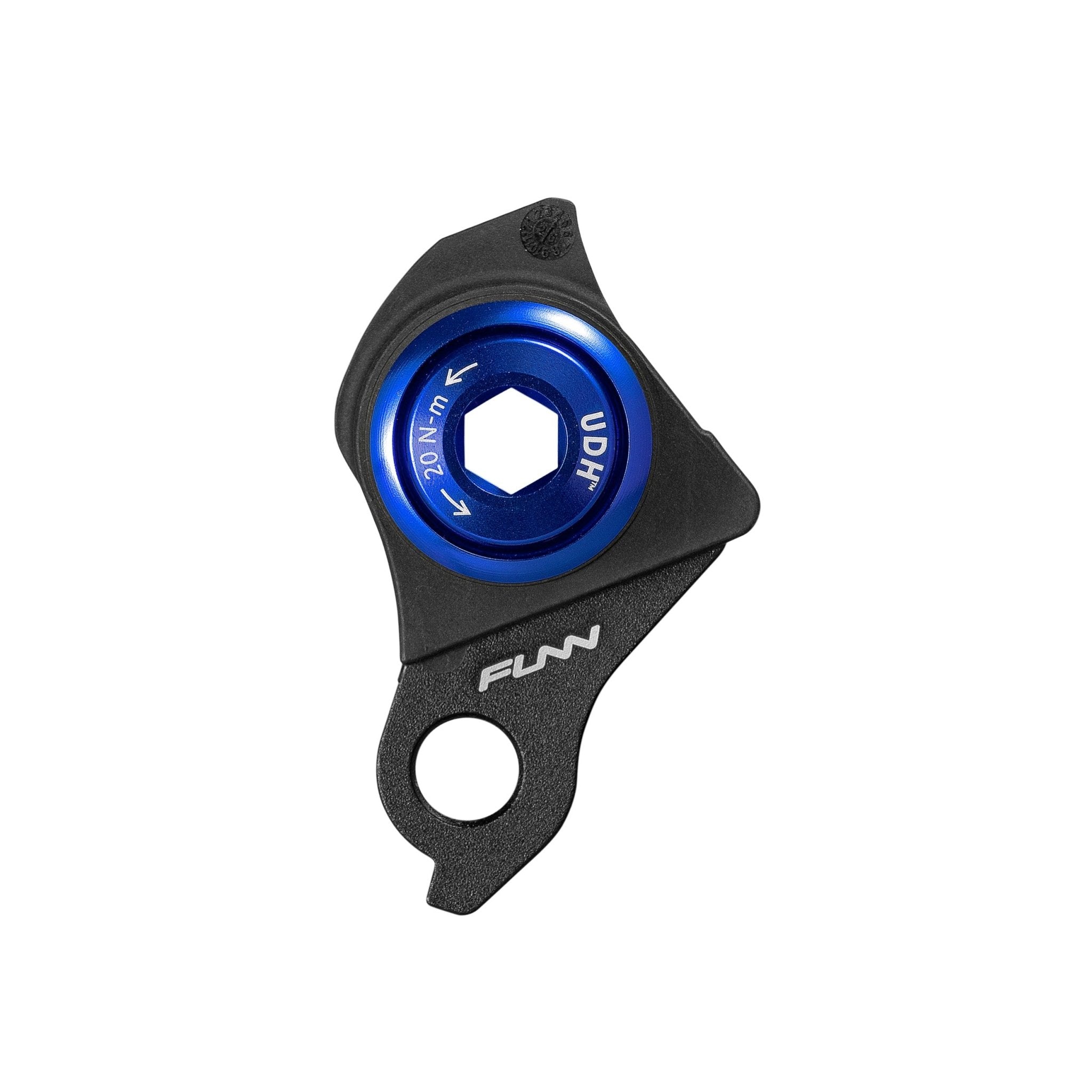 Funn UDH Hanger, black alloy derailleur hanger with blue anodized bolt, close-up on white background