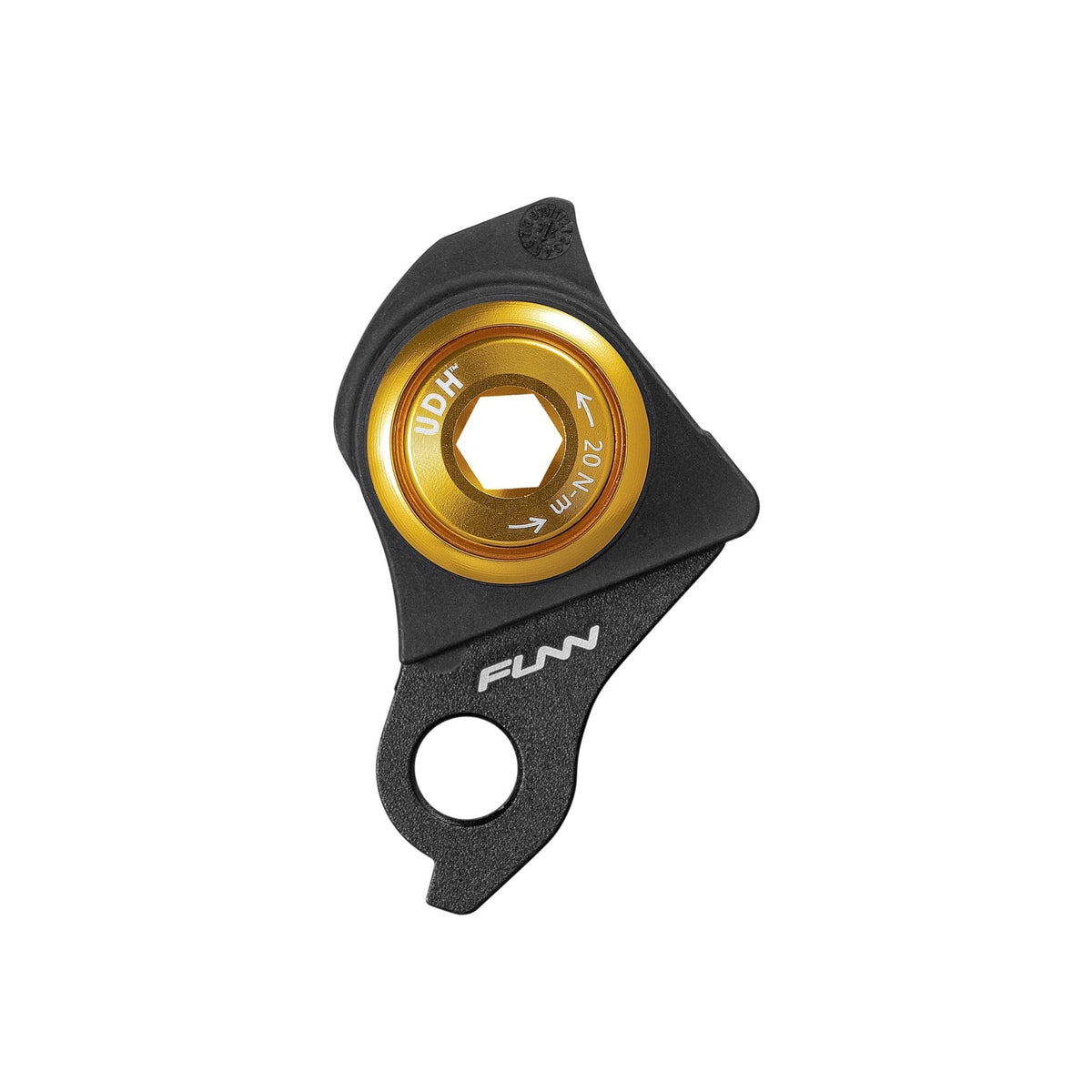Funn UDH Hanger, black alloy derailleur hanger with gold bolt and logo, isolated on a clean white background
