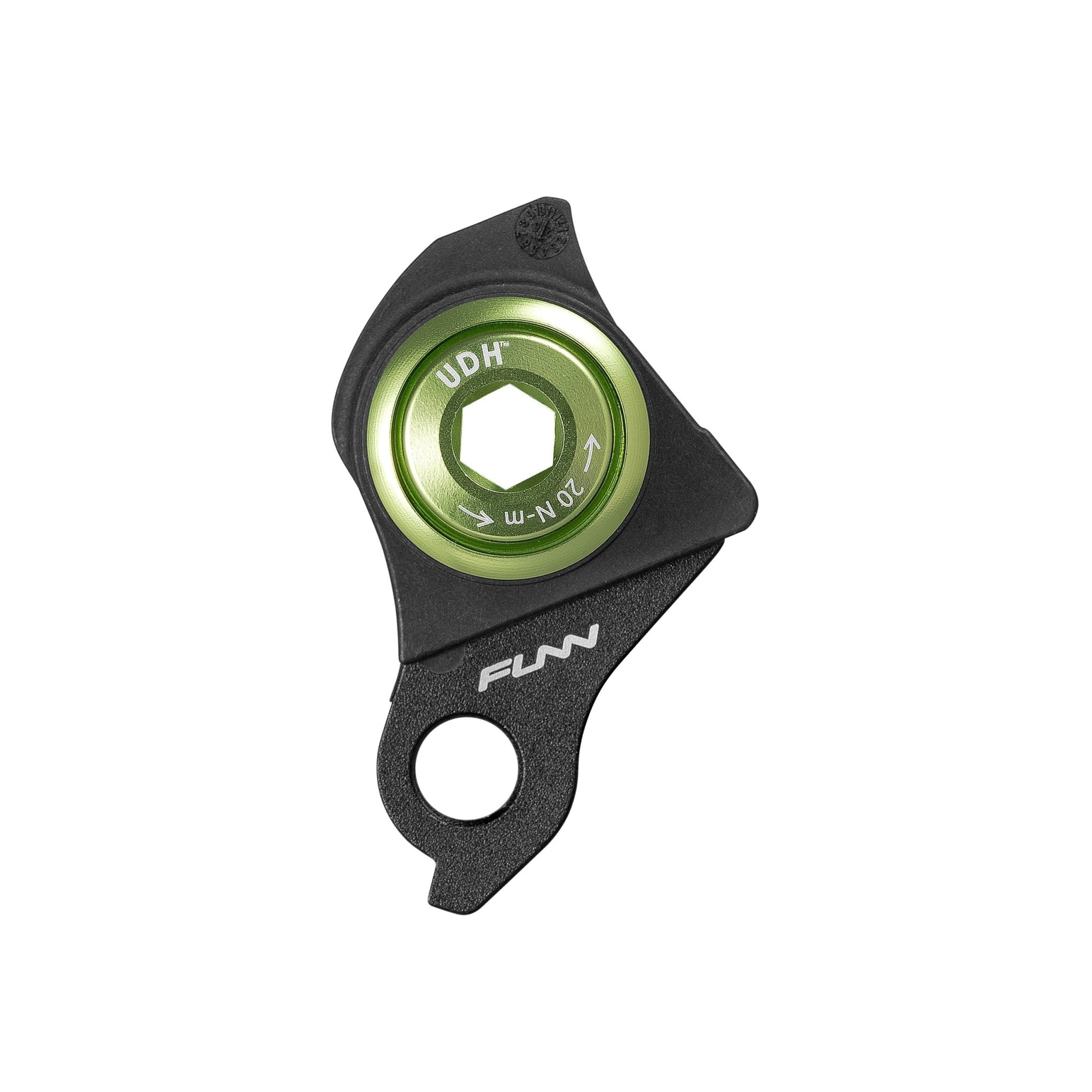 Funn UDH Hanger, black alloy derailleur hanger with green bolt detail, lightweight bike component on a white background