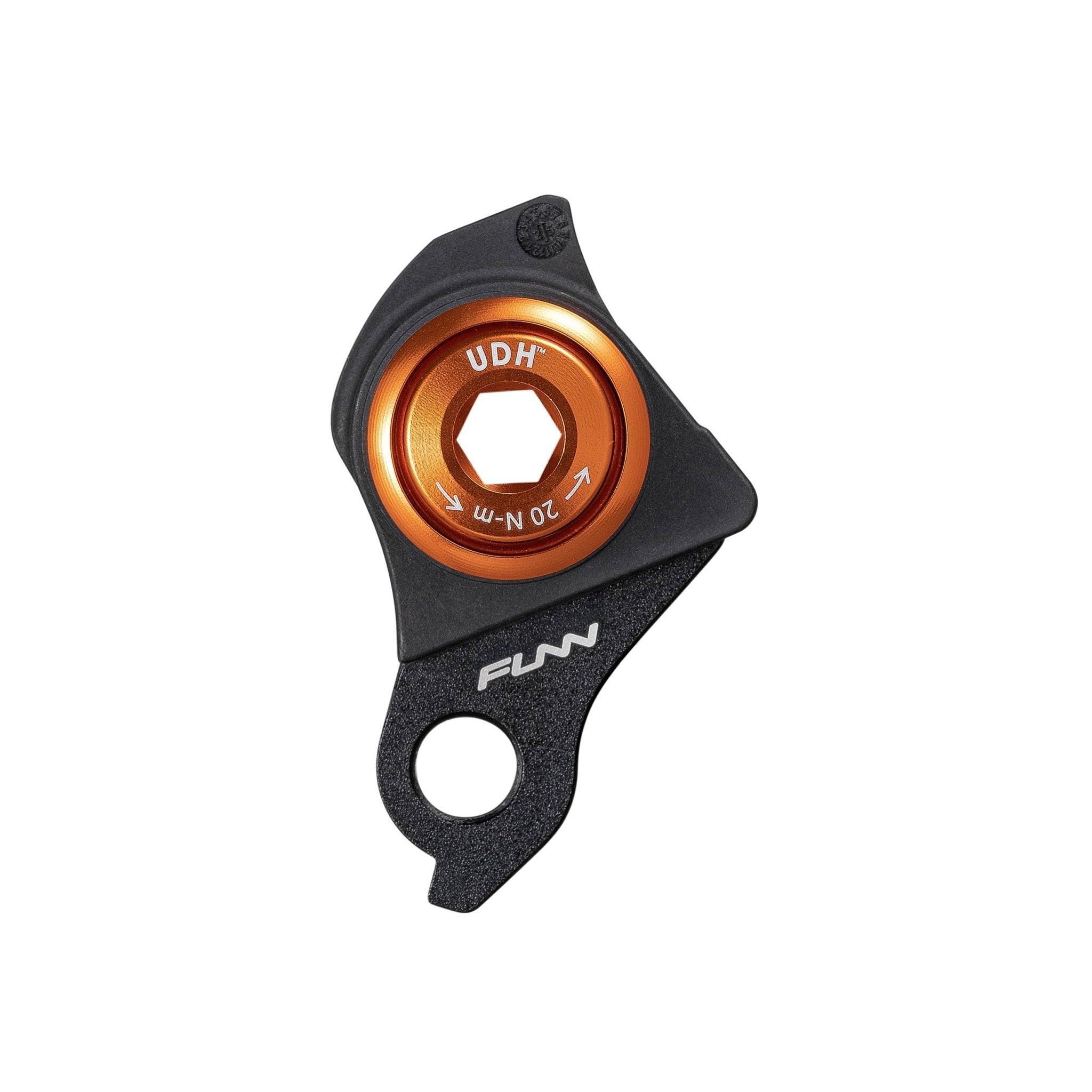 Funn UDH Hanger, black alloy derailleur hanger with orange hex pivot, isolated on white background