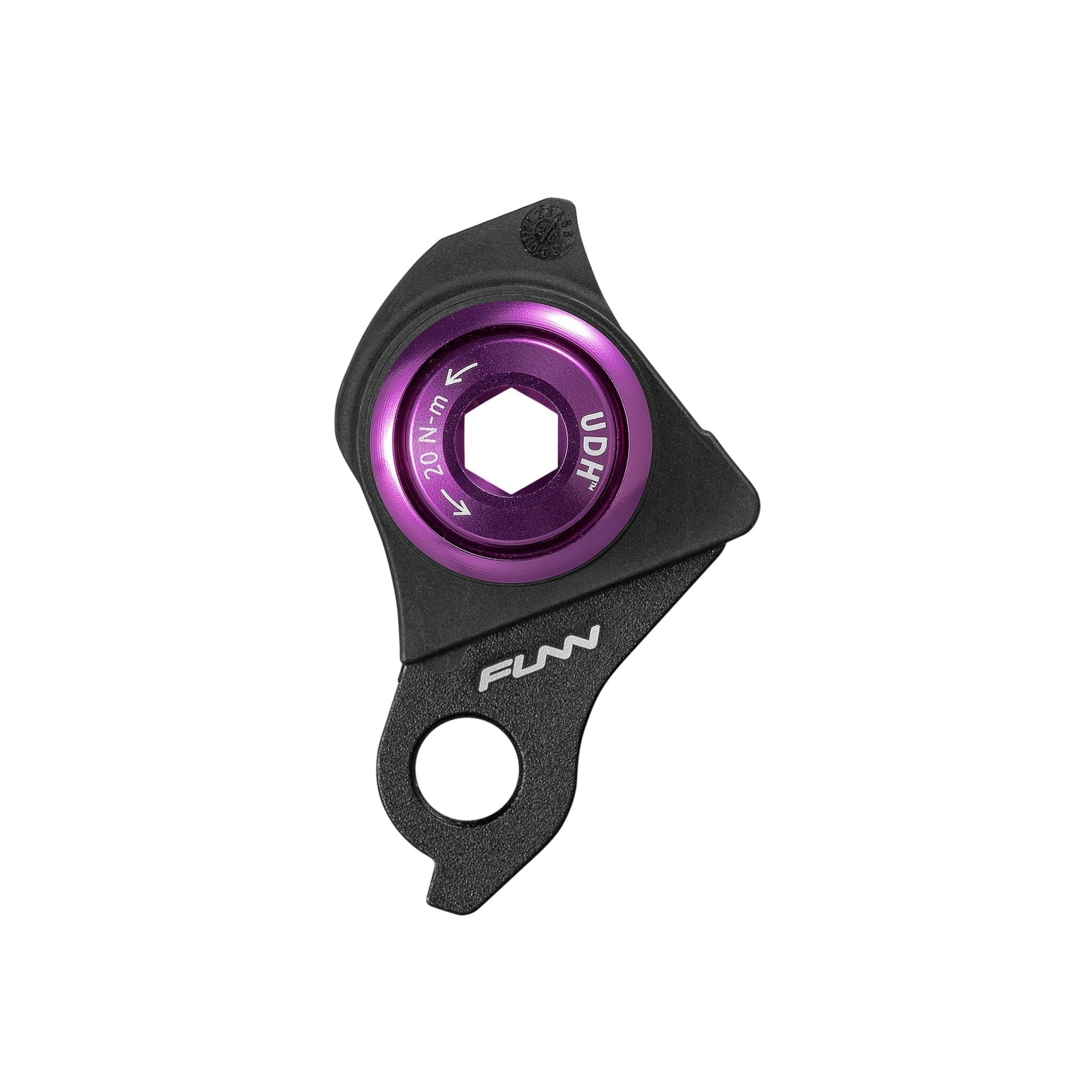 Funn UDH Hanger, black alloy derailleur hanger with purple bolt, single mounting hole, on a clean white background