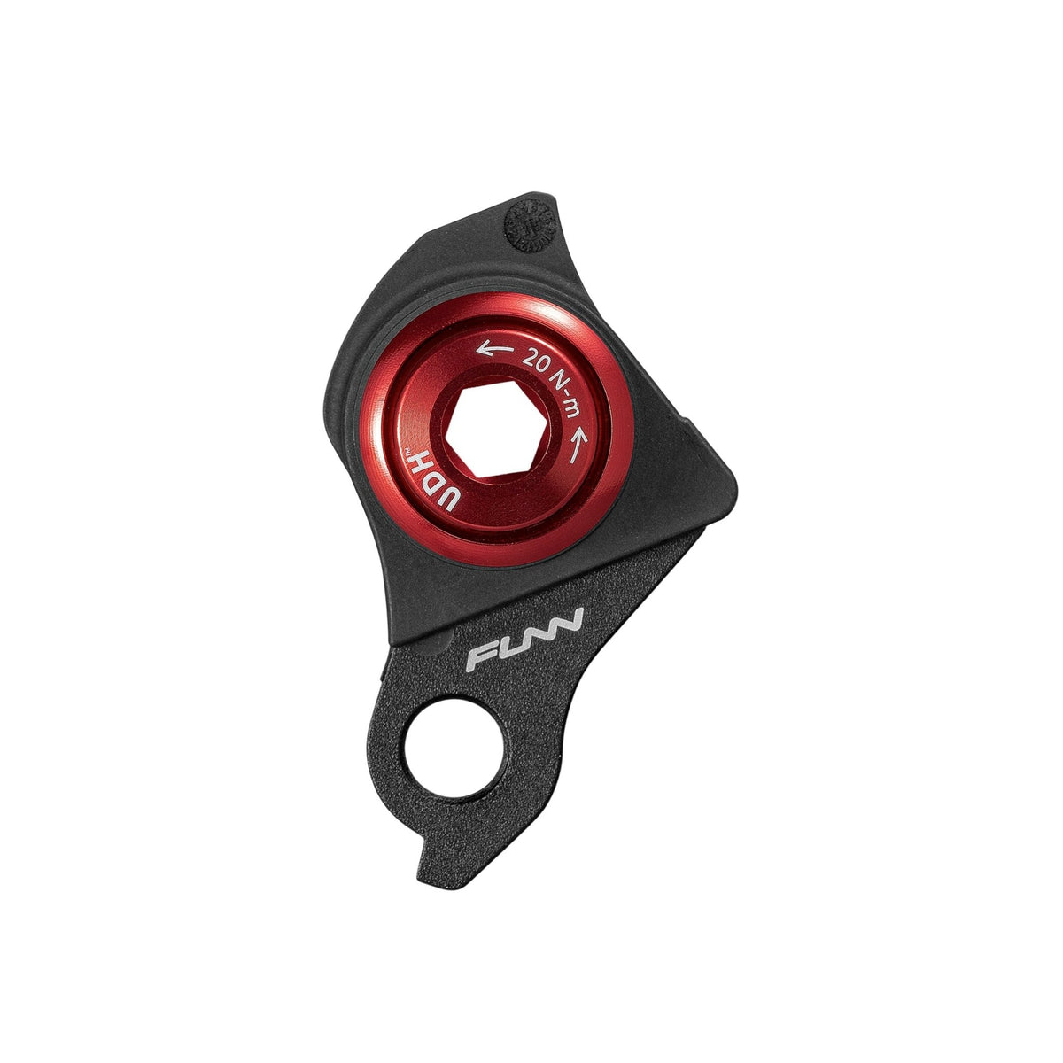 Funn UDH Hanger, black alloy with red anodized center bolt, universal derailleur hanger on a white background
