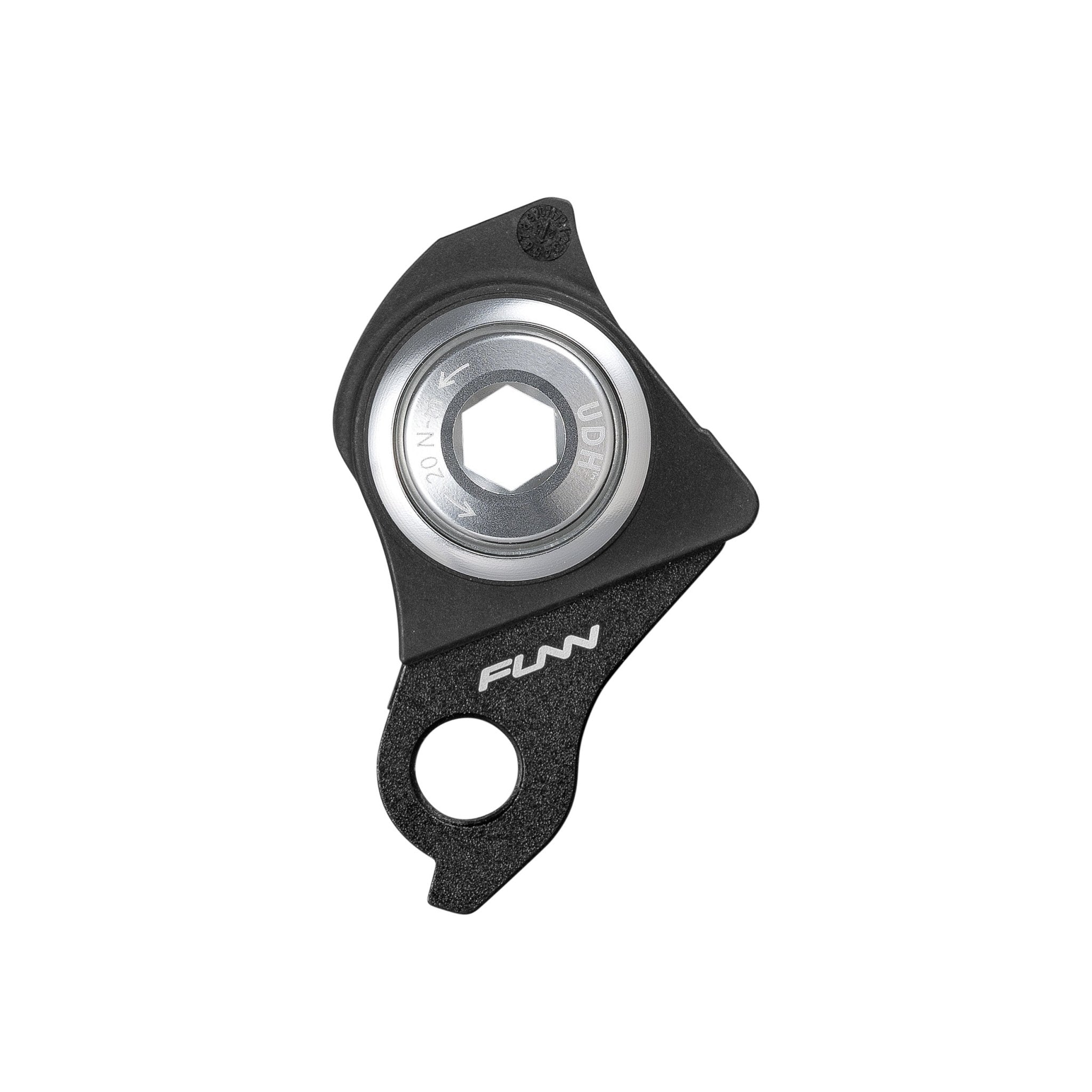 Black alloy FUNN UDH hanger with silver bolt, compact derailleur mount on white background
