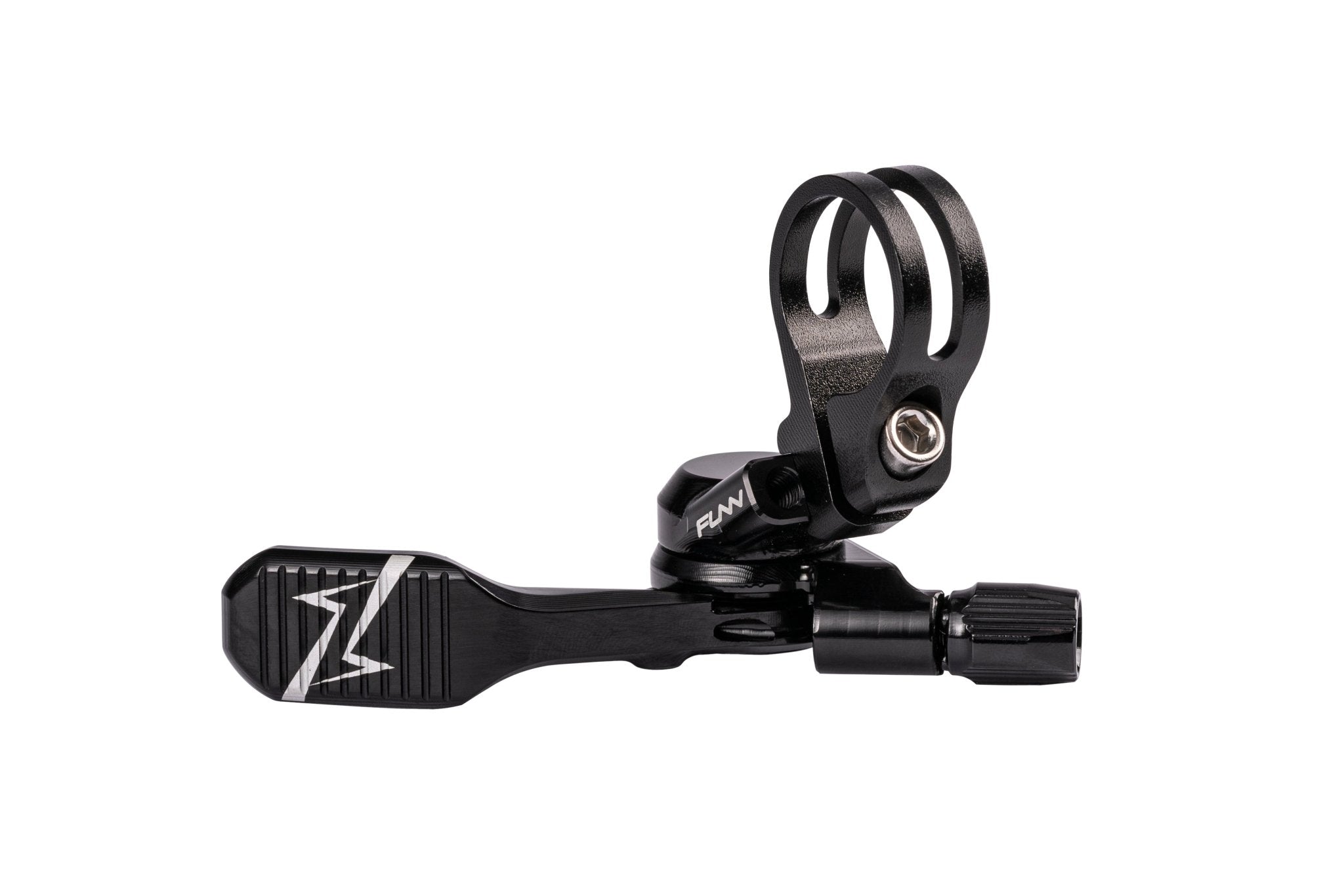 Black CNC alloy FUNN UpDown Dropper Lever, textured thumb paddle and clamp mount for mountain bike dropper seatpost control