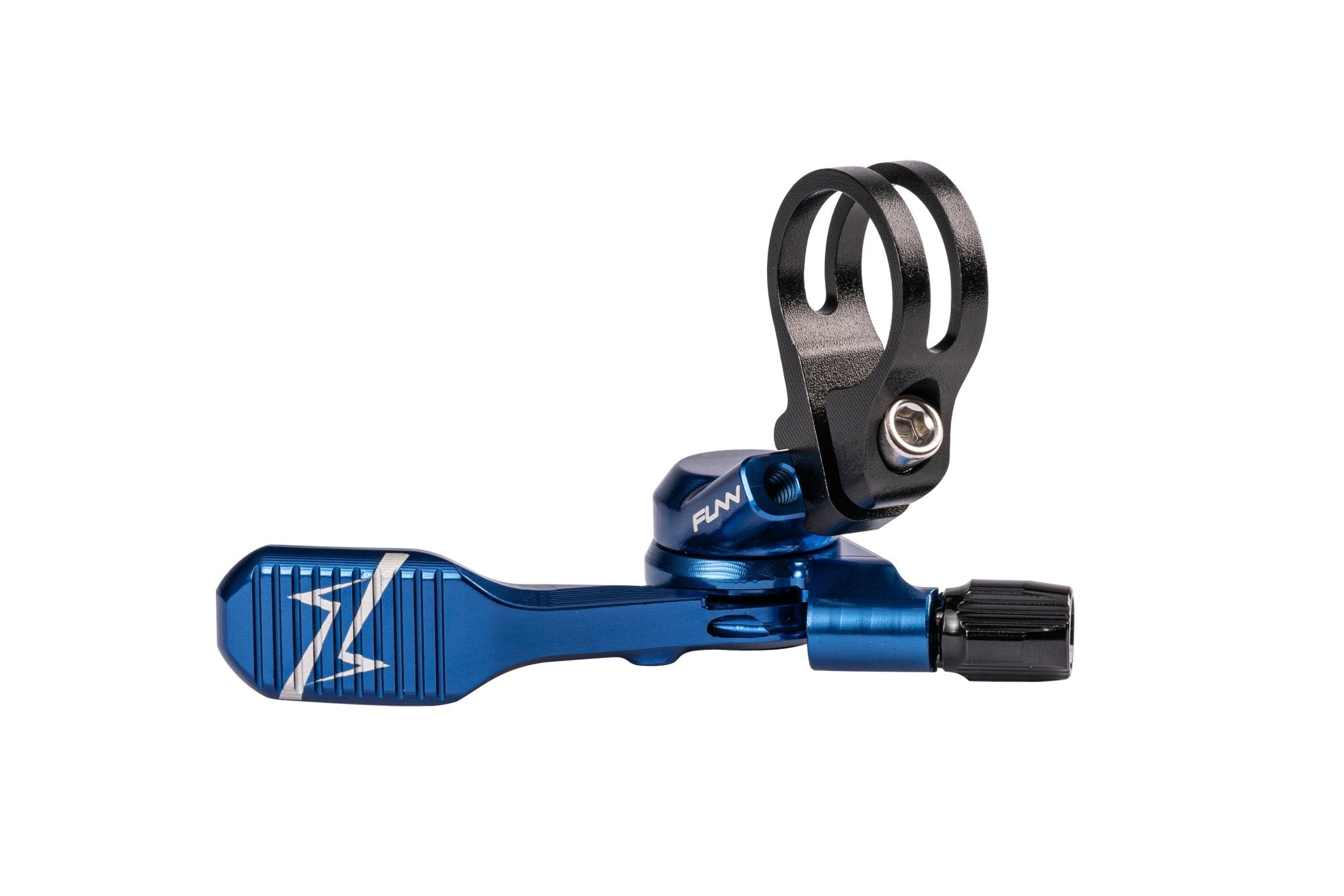 Blue CNC alloy FUNN UpDown Dropper Lever with black handlebar clamp and textured thumb paddle for MTB seatpost control