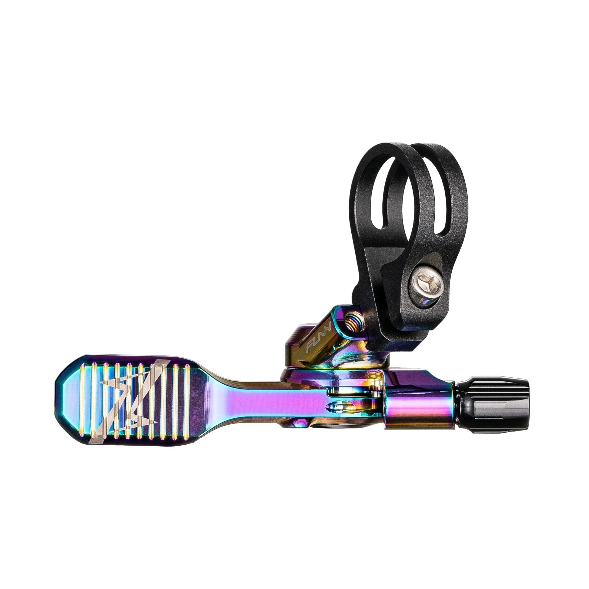 FUNN UpDown Dropper Lever, oil-slick anodized alloy with black bar clamp, ergonomic textured paddle for seatpost control