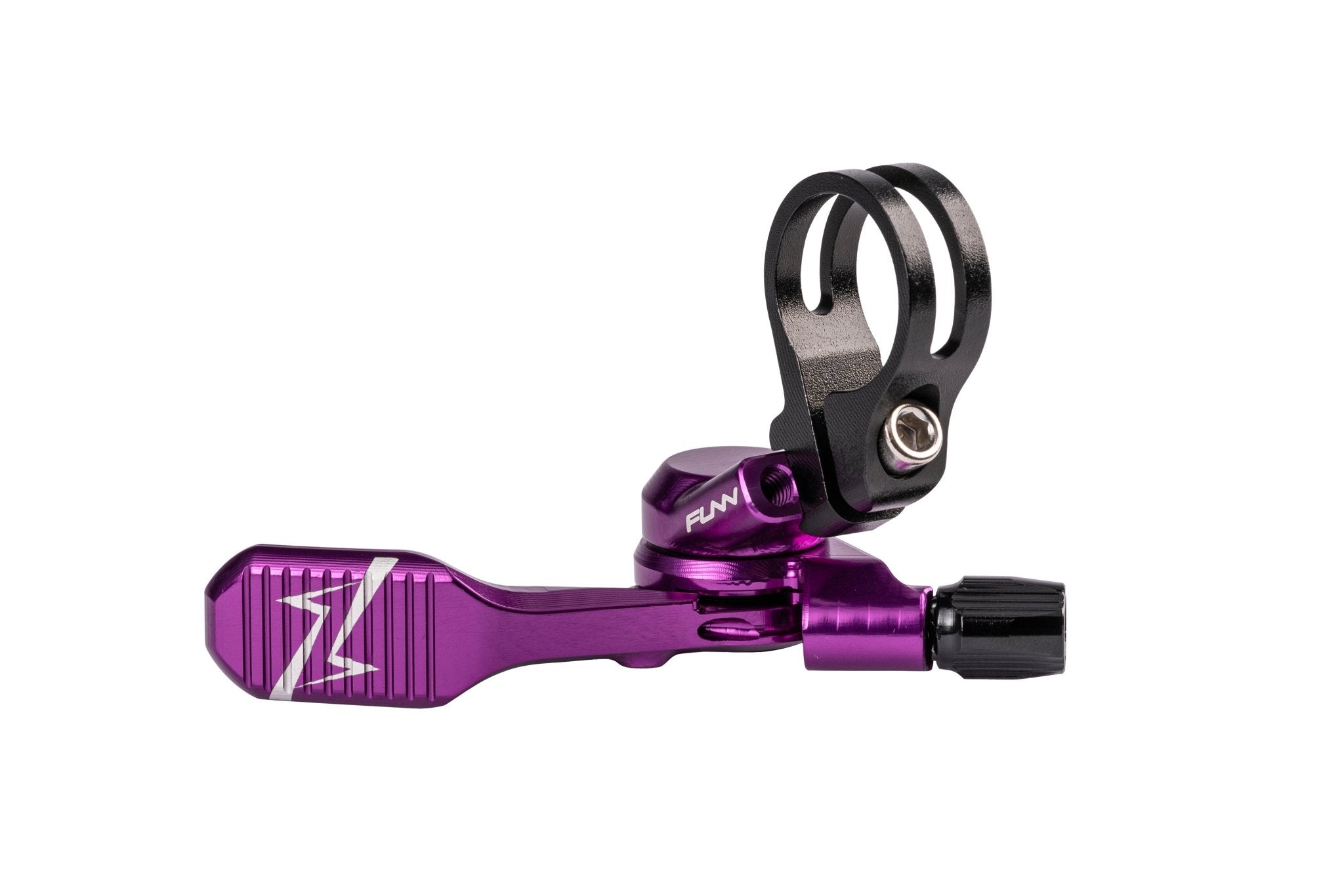 Purple anodized FUNN UpDown Dropper Lever, CNC alloy thumb paddle with textured grip and black bar clamp for seatpost control