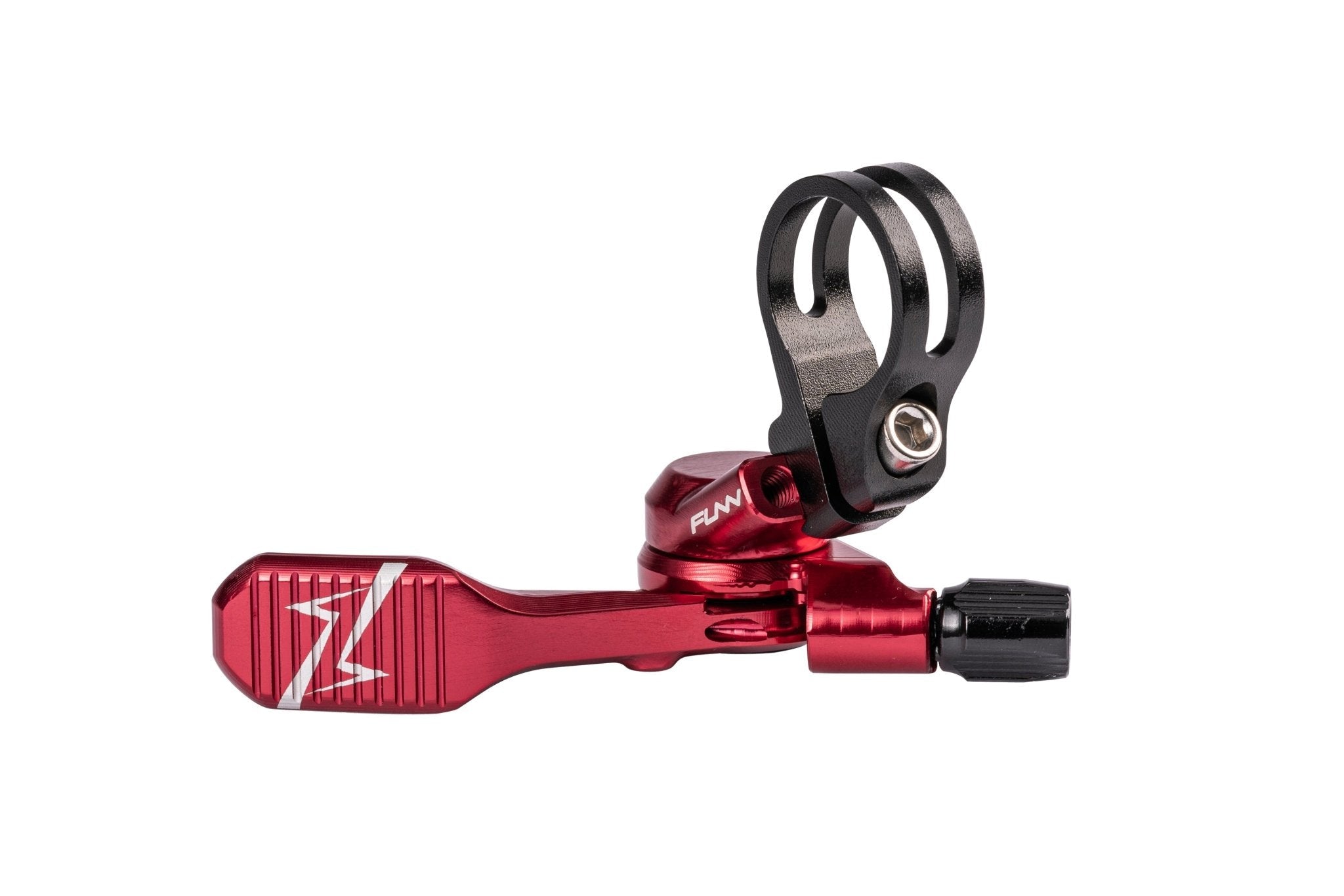 Red anodized FUNN UpDown Dropper Lever, CNC alloy thumb paddle with black handlebar clamp for mountain bike seatpost control