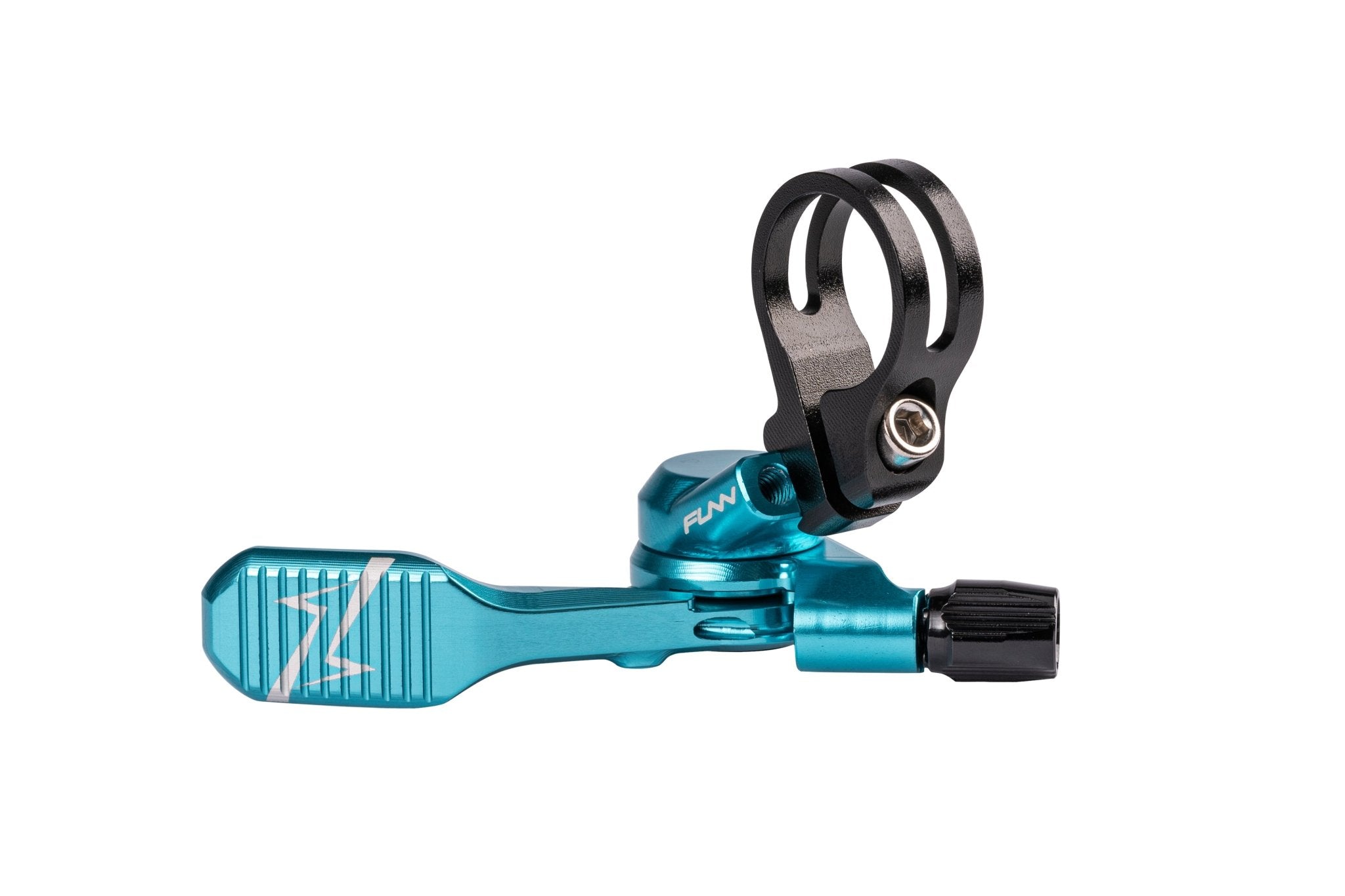 FUNN UpDown Dropper Lever, turquoise CNC alloy with textured thumb paddle and black handlebar clamp for seatpost control