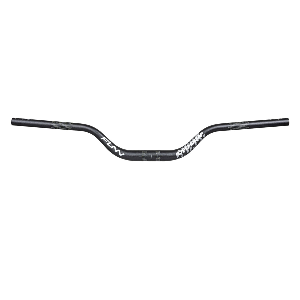 Black aluminum FUNN Upturn High Riser Handlebar with swept-up rise and printed graphics for stable mountain bike control
