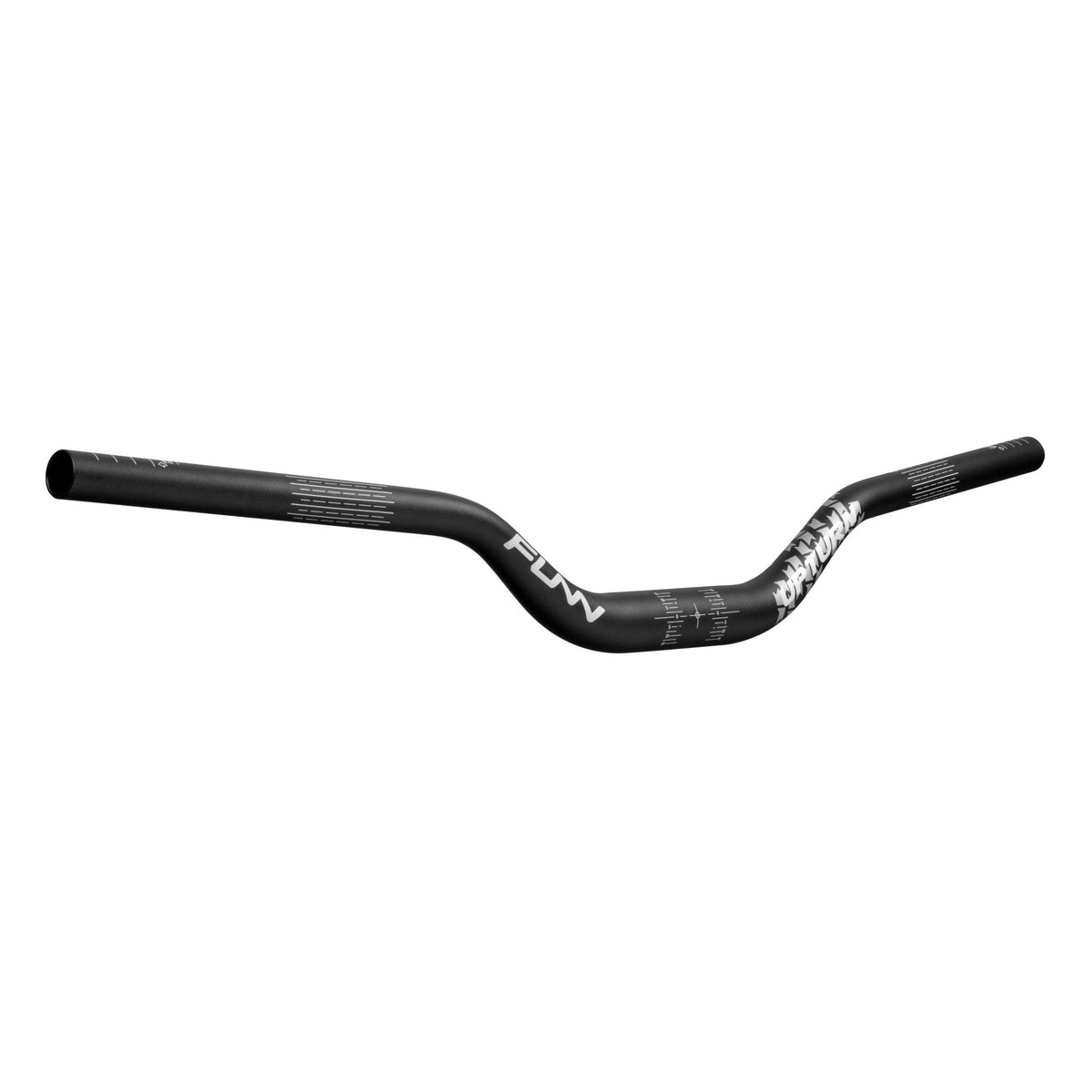 Black FUNN Upturn High Riser Handlebar with curved alloy design and white graphics for mountain bike control and comfort