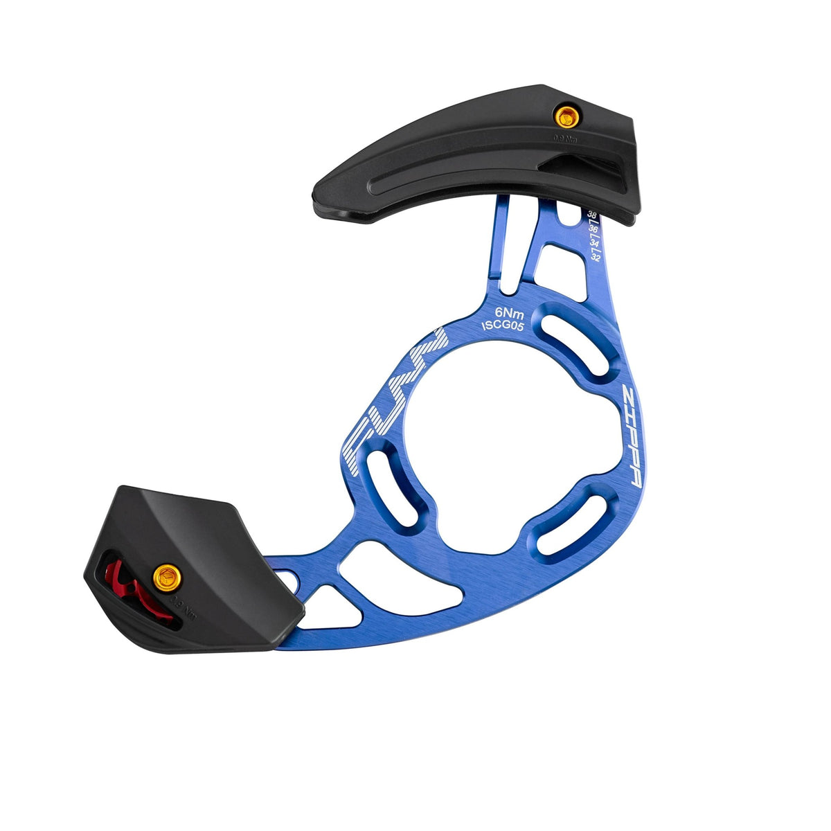 FUNN Zippa AM Chain Guide in blue alloy with black guards for 32T–38T chainrings, ISCG05 or threaded BSA BB mounting