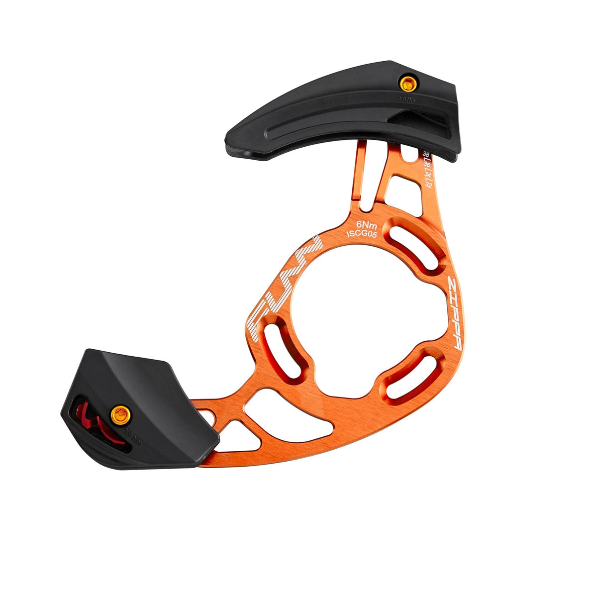 FUNN Zippa AM Chain Guide in orange alloy with black guards for 32T–38T chainrings, ISCG05 or threaded BSA BB mounting