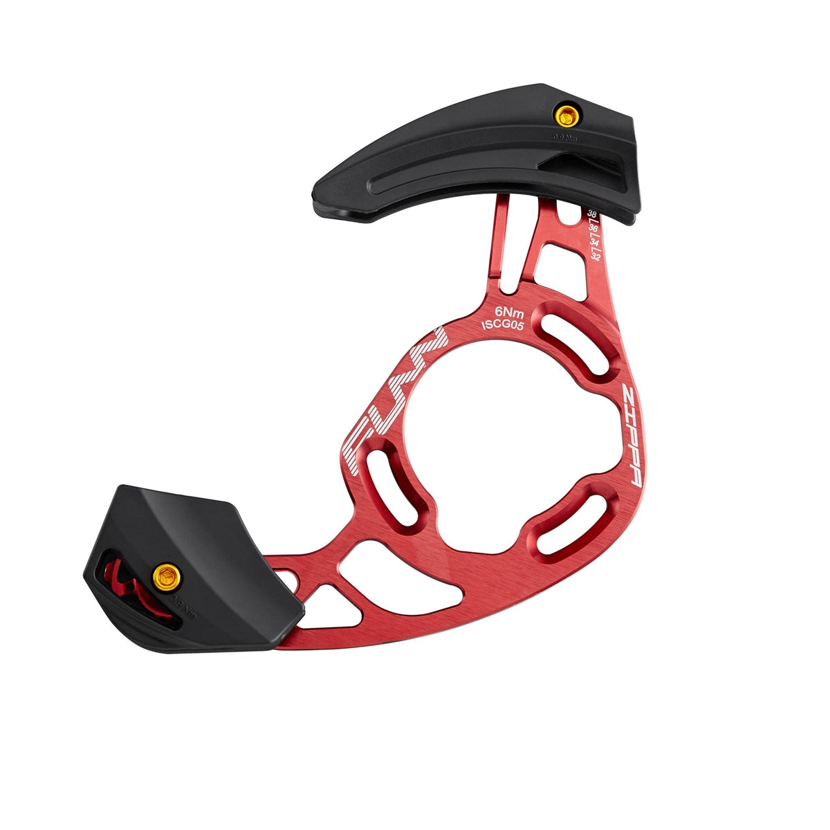 FUNN Zippa AM Chain Guide, red alloy with black guards for 32T–38T chainrings, mounts via ISCG05 or threaded BSA BB