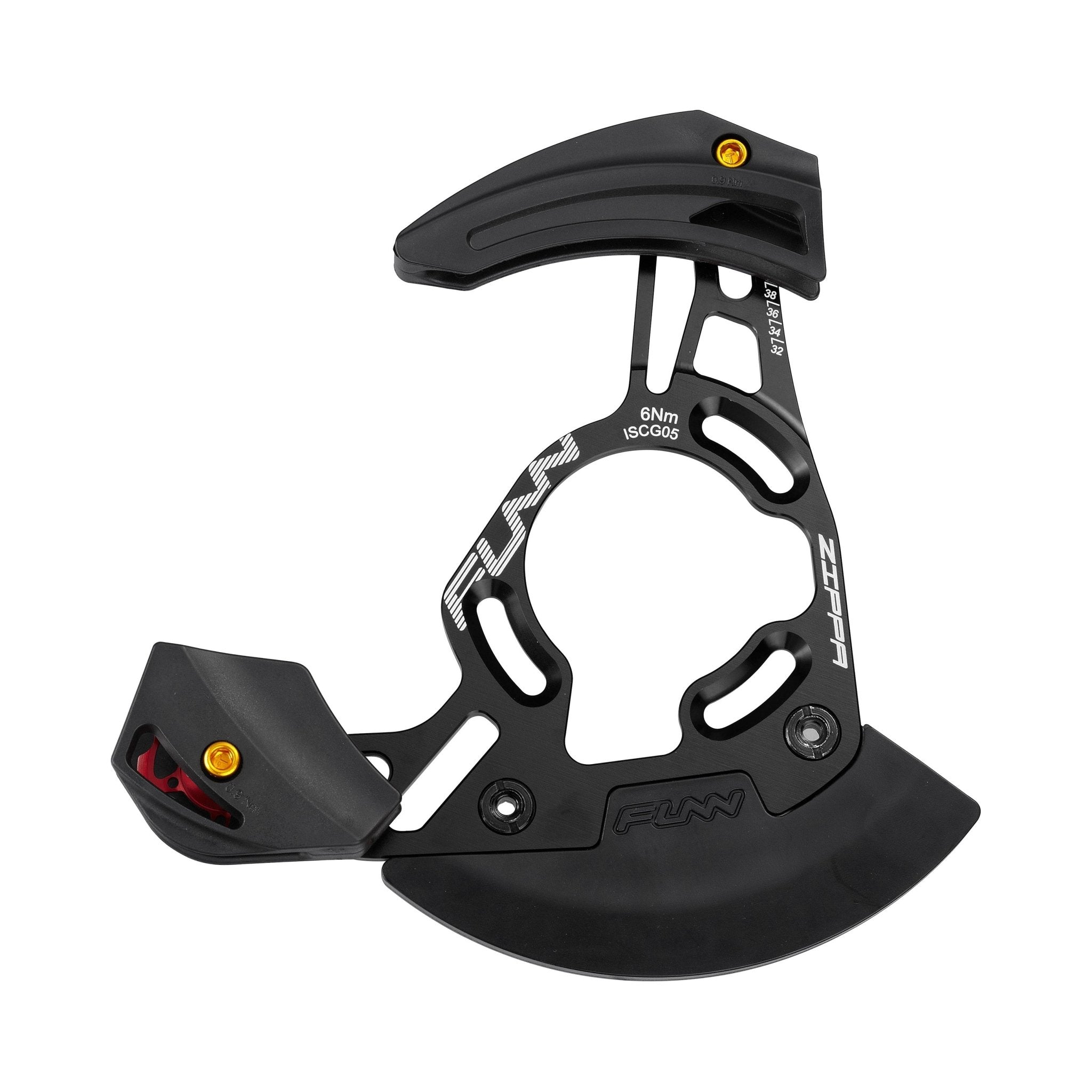 Black FUNN Zippa DH Chain Guide for 32T–38T chainrings, alloy and plastic, ISCG05 or BSA BB mount with ISCG05 adapter