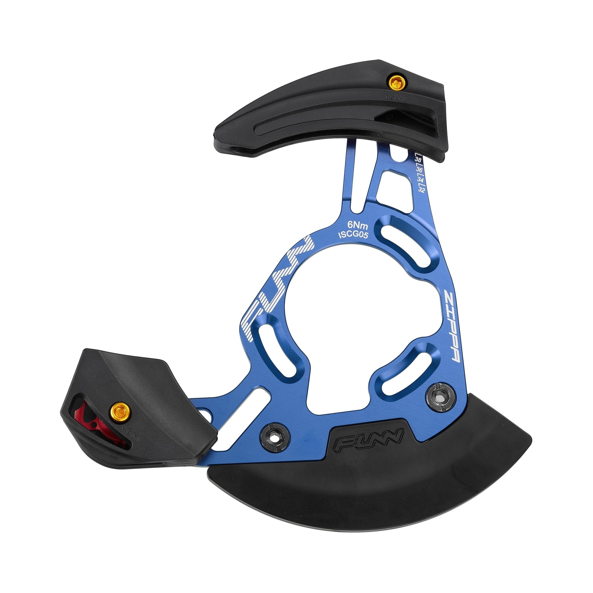 FUNN Zippa DH Chain Guide, blue alloy with black bash guard, compatible with 32T–38T chainrings, ISCG05 and BSA BB mount