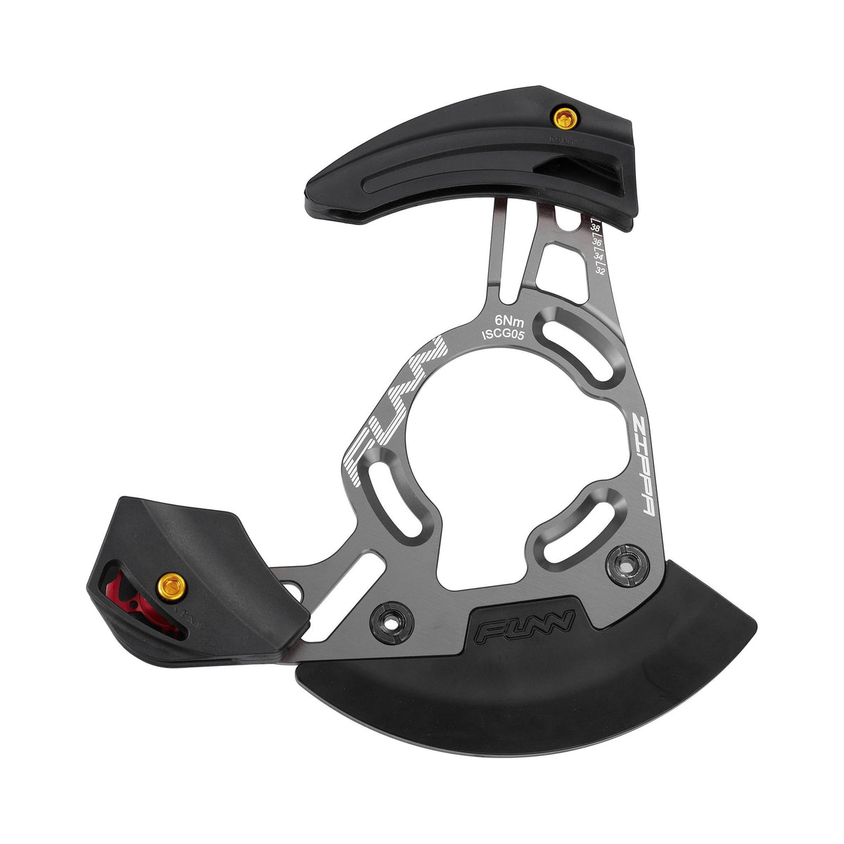 FUNN Zippa DH Chain Guide in black alloy, bash guard design, compatible with 32T–38T chainrings, ISCG05 or BSA BB mount