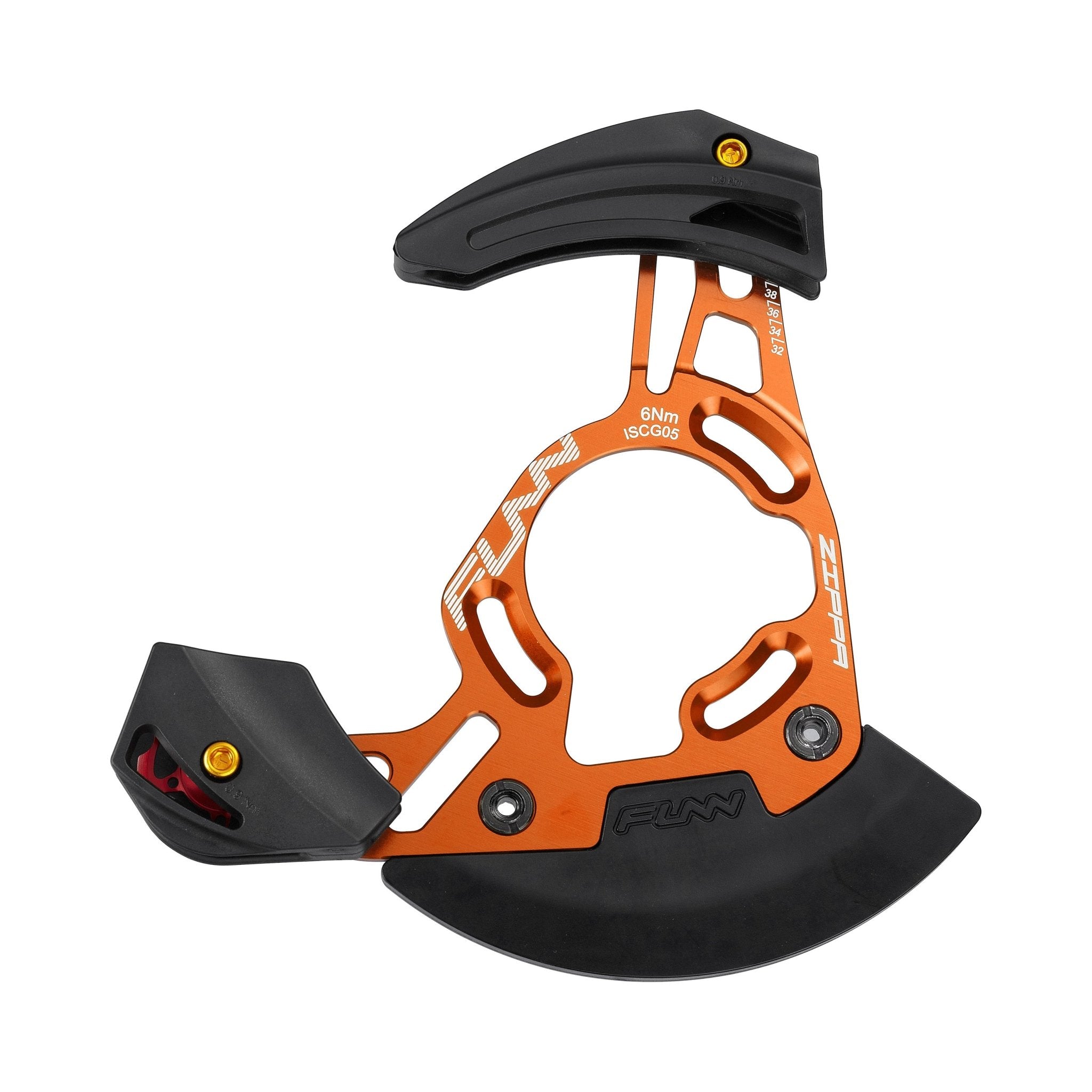 FUNN Zippa DH Chain Guide, orange alloy with black guards, compatible 32T–38T chainrings, ISCG05 or BSA BB mount included