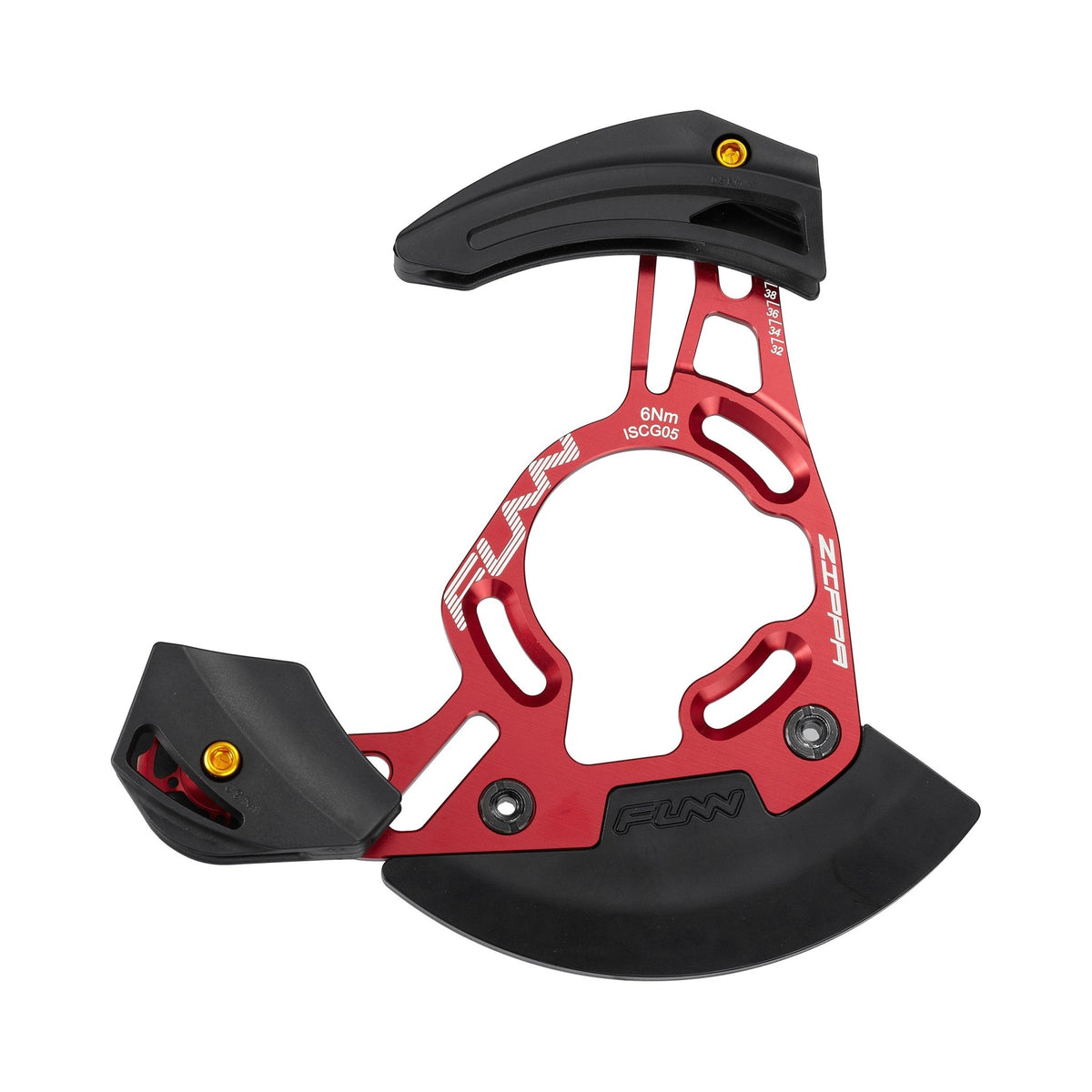 FUNN Zippa DH Chain Guide in red alloy with black bash guard, compatible with 32T–38T chainrings, ISCG05 and BSA BB mounting