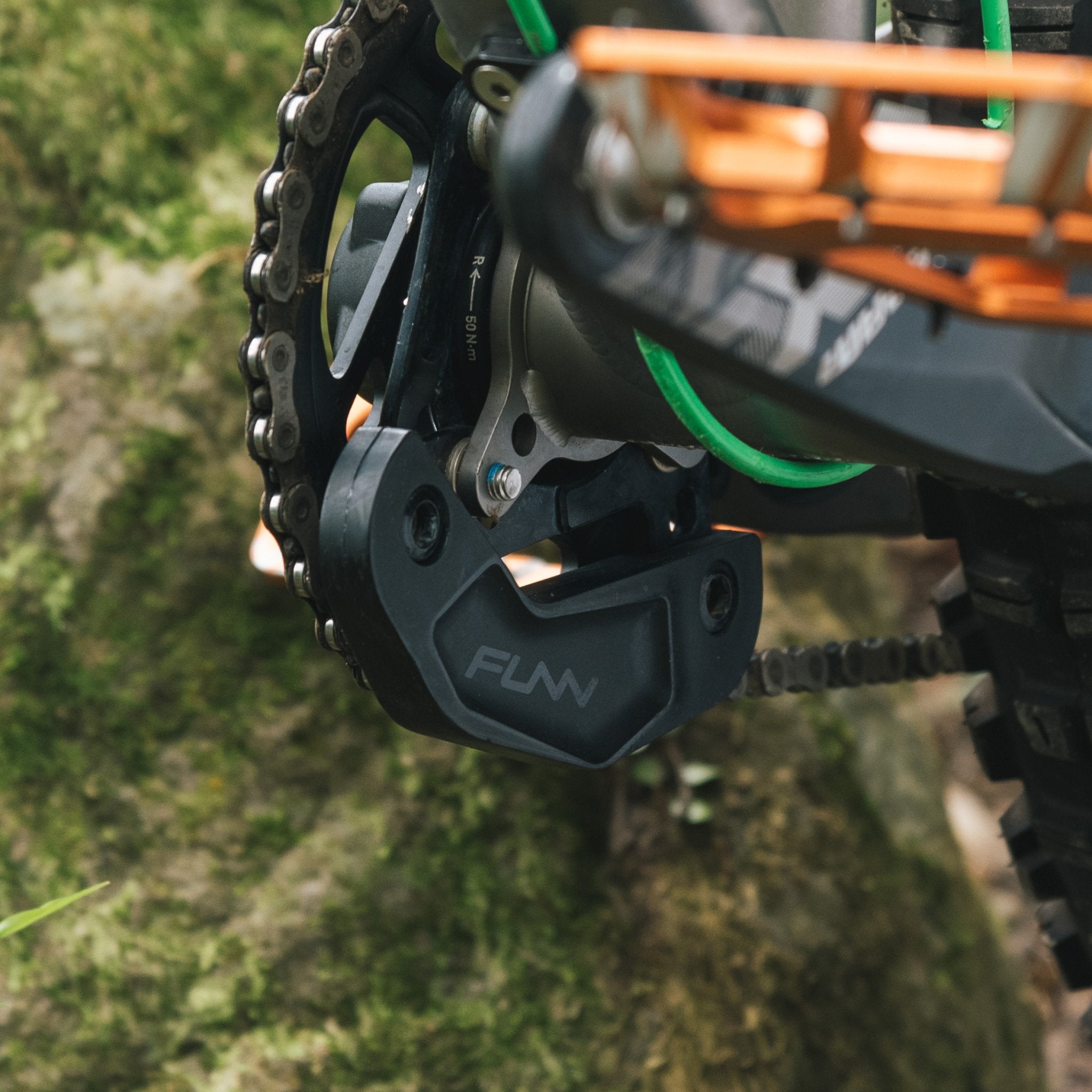 FUNN Zippa Lite Bash Guard, black composite chainring protector mounted on mountain bike crank for trail impact protection