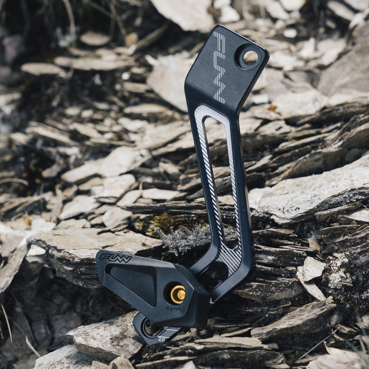 FUNN Zippa Lite D-Type Chain Guide, black alloy MTB chain guide with slim arm and gold bolt, mounted on rocky trail surface
