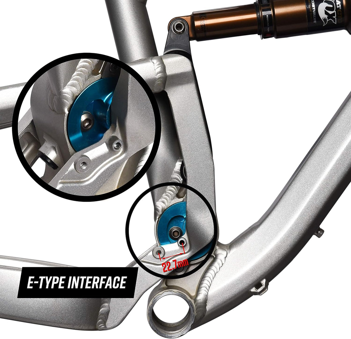 FUNN silver MTB frame showing E-type chain guide compatibility with blue alloy mount and 22.7mm interface detail