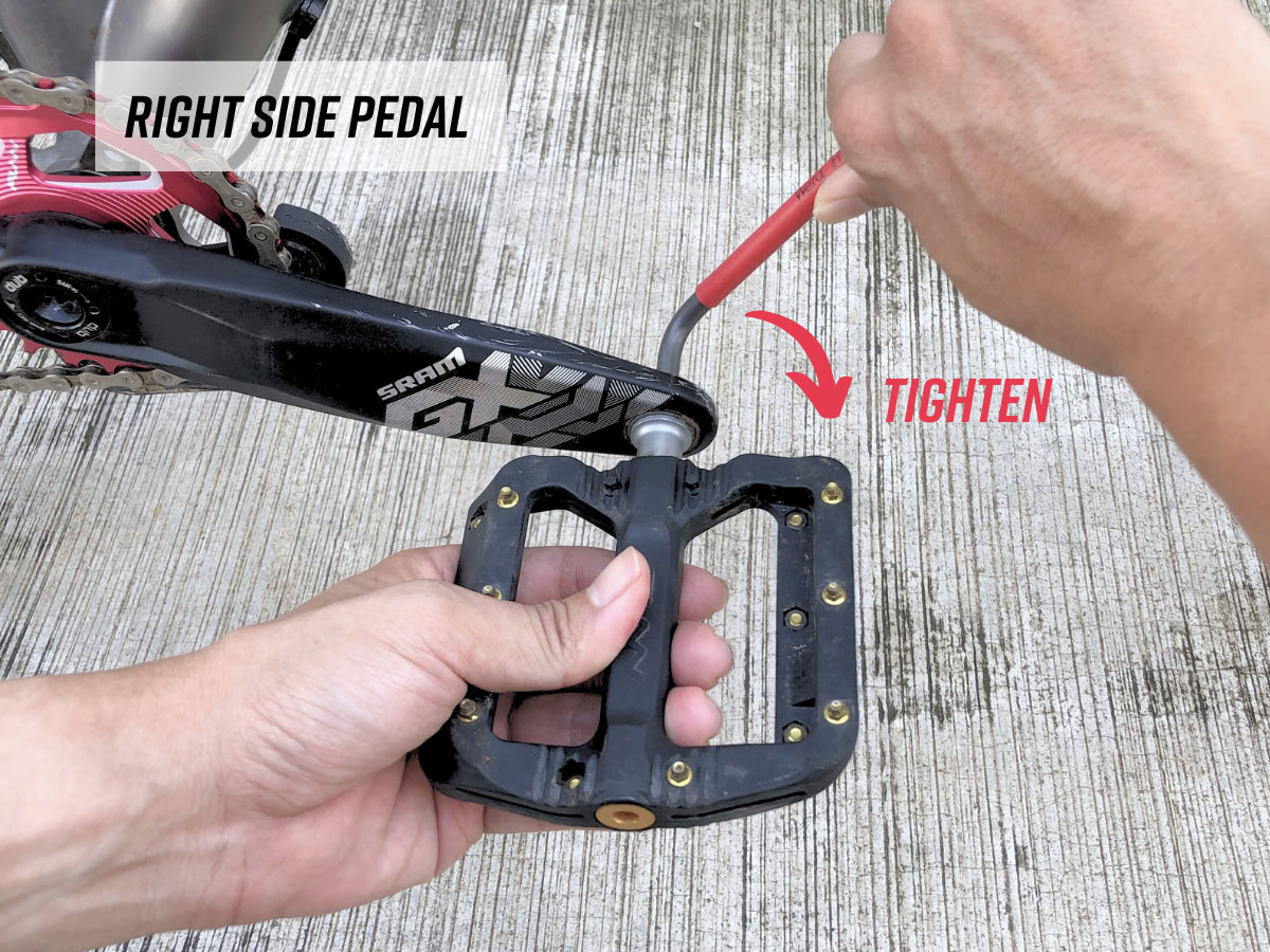 Tighten by turning the right pedal clockwise