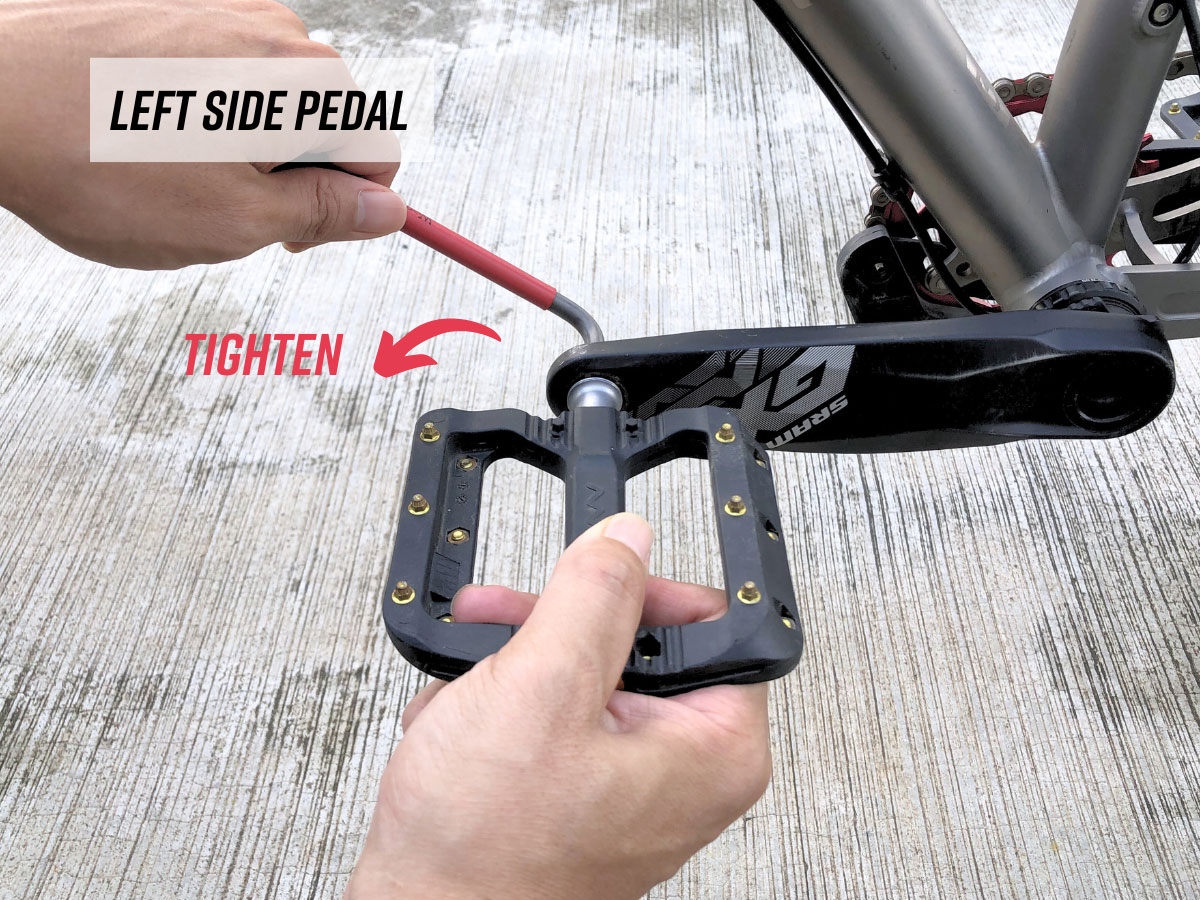 Tighten by turning the left pedal counter-clockwise