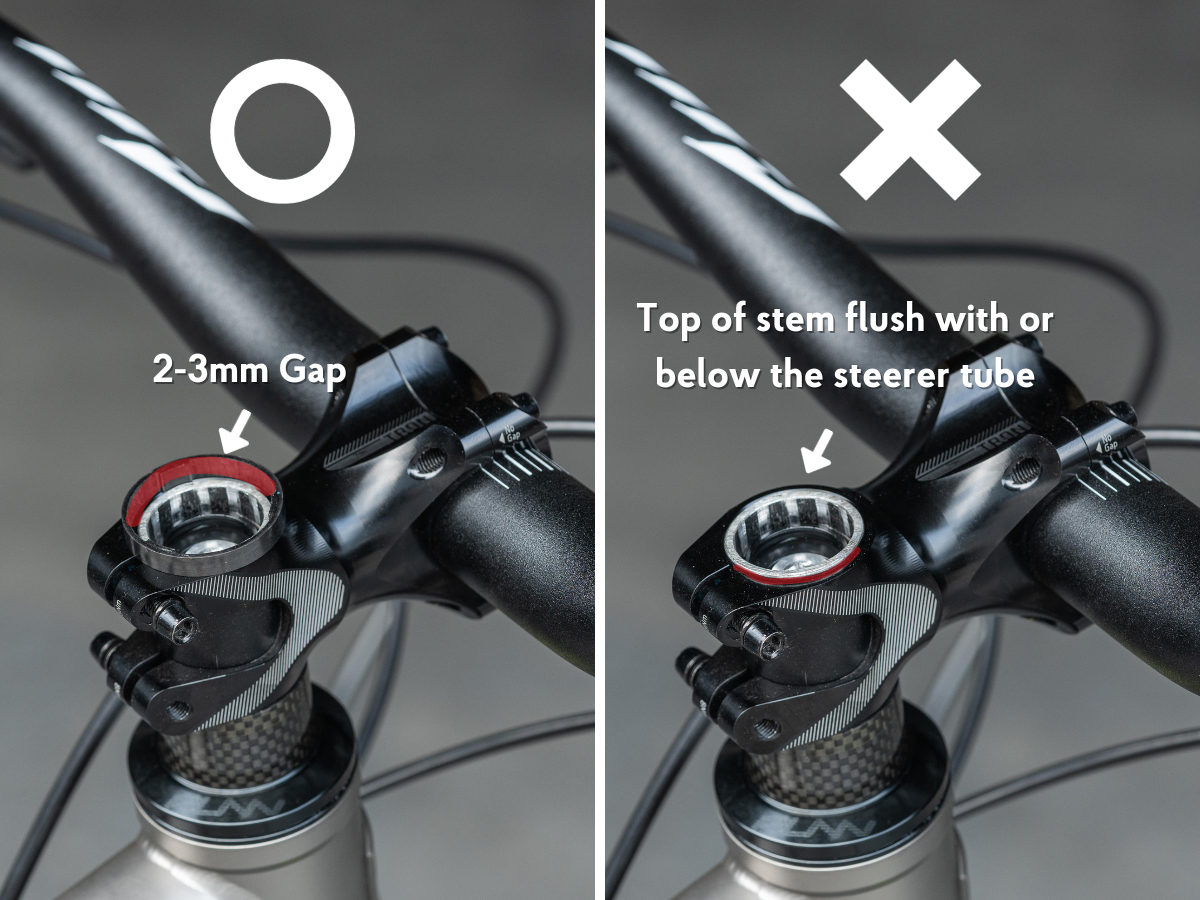 Top of the steerer tube should be 2-3mm lower than the top of the stem.