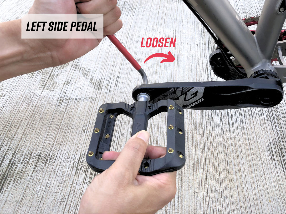 remove bike pedals by turning the left pedal clockwise