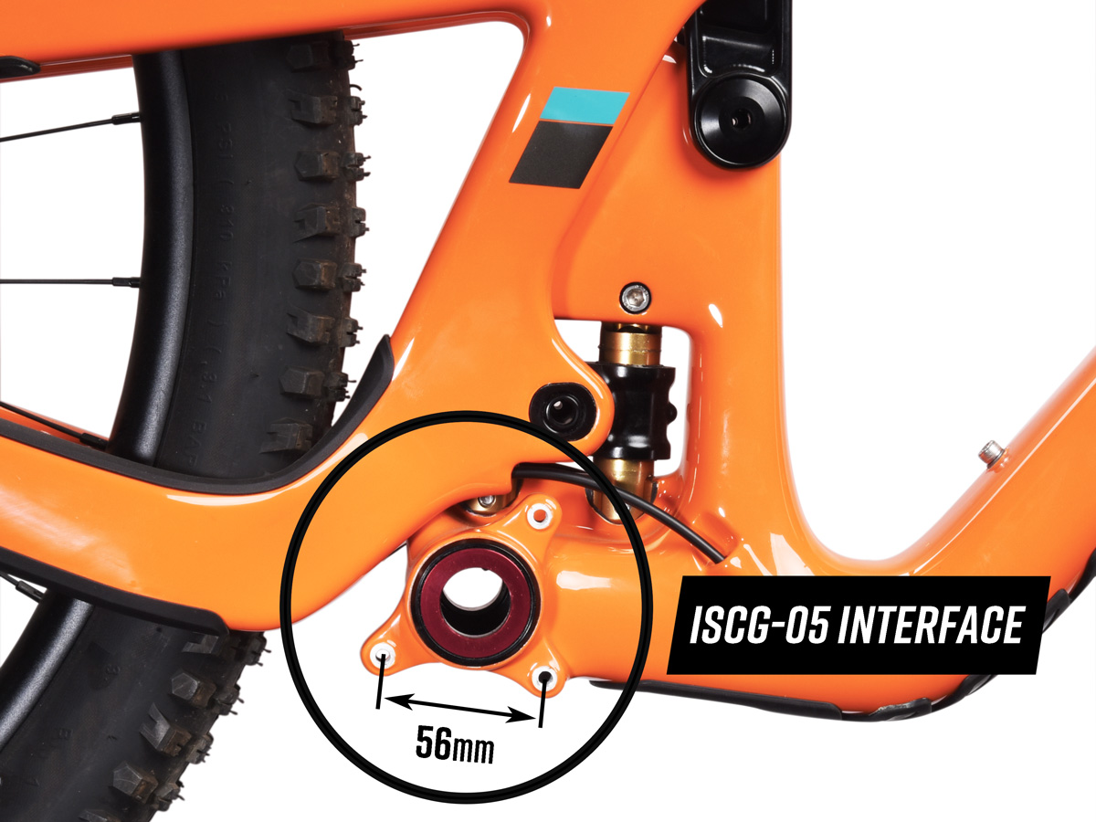 A picture of a frame equipped with ISCG05 tabs, have pre-drilled holes around the bottom bracket, with a hole spacing of 56mm.