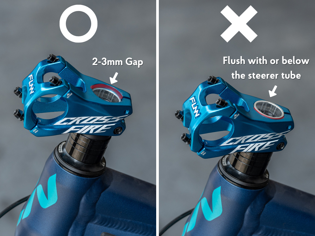 The top of the steerer tube should be 2-3mm lower than the top of the stem.