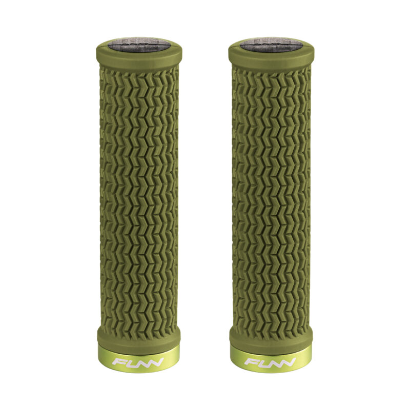 A pair of green Holeshot MTB grips on a white background.