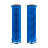 A pair of blue Holeshot MTB grips on a white background.