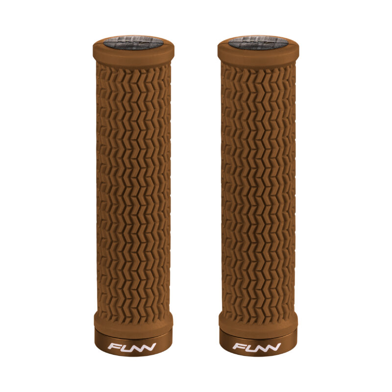 A pair of brown Holeshot MTB grips on a white background.
