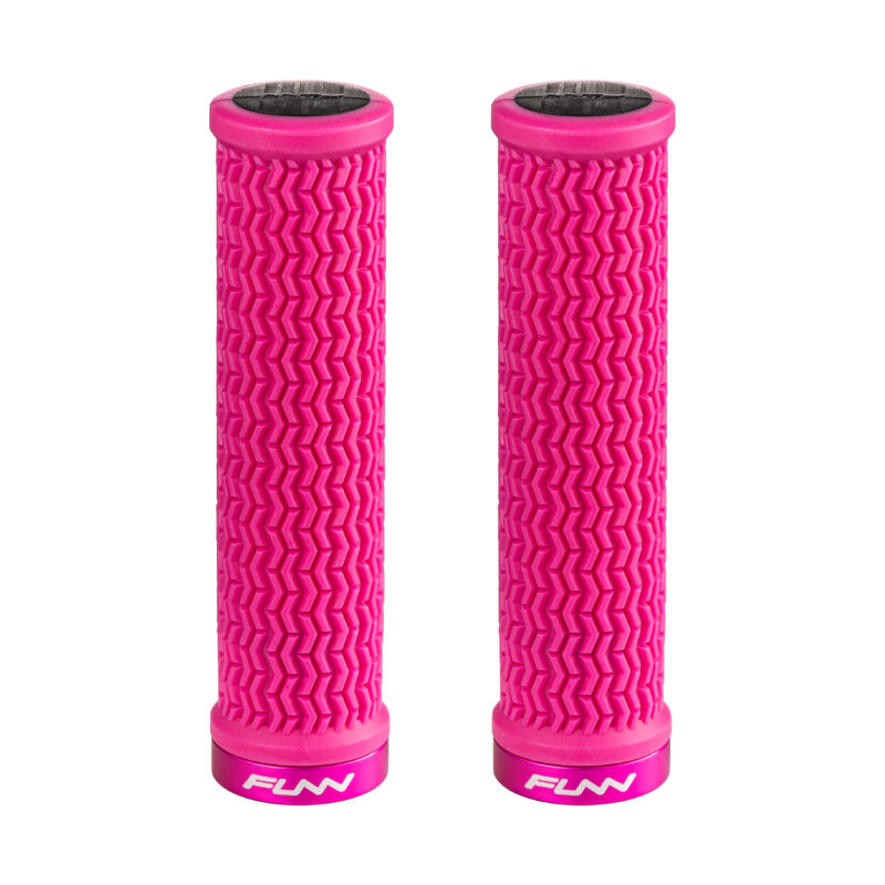 Two pink Holeshot MTB grips on a white background.