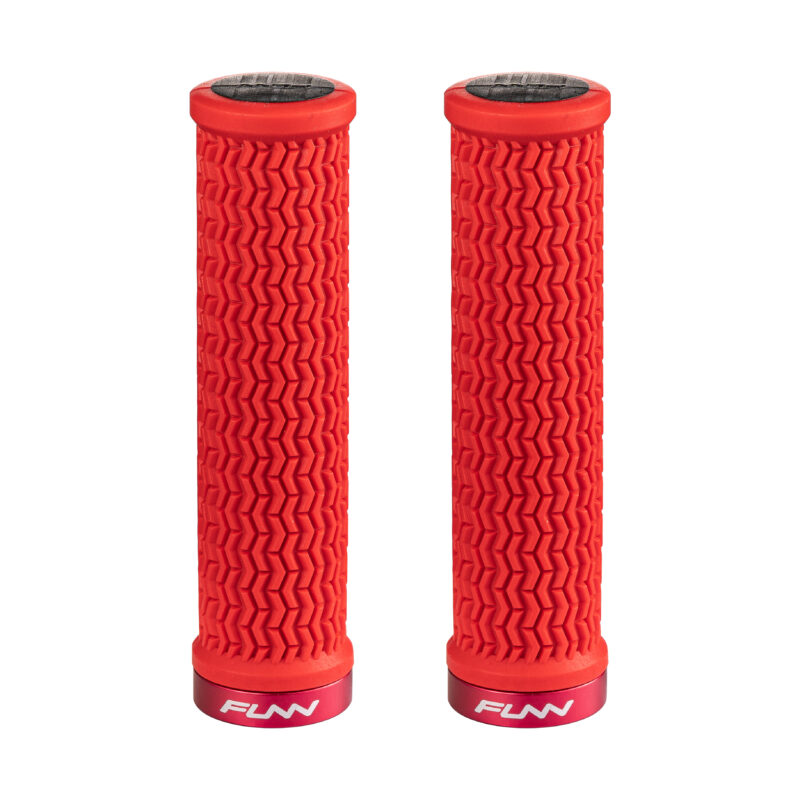 A pair of red Holeshot MTB grips on a white background.