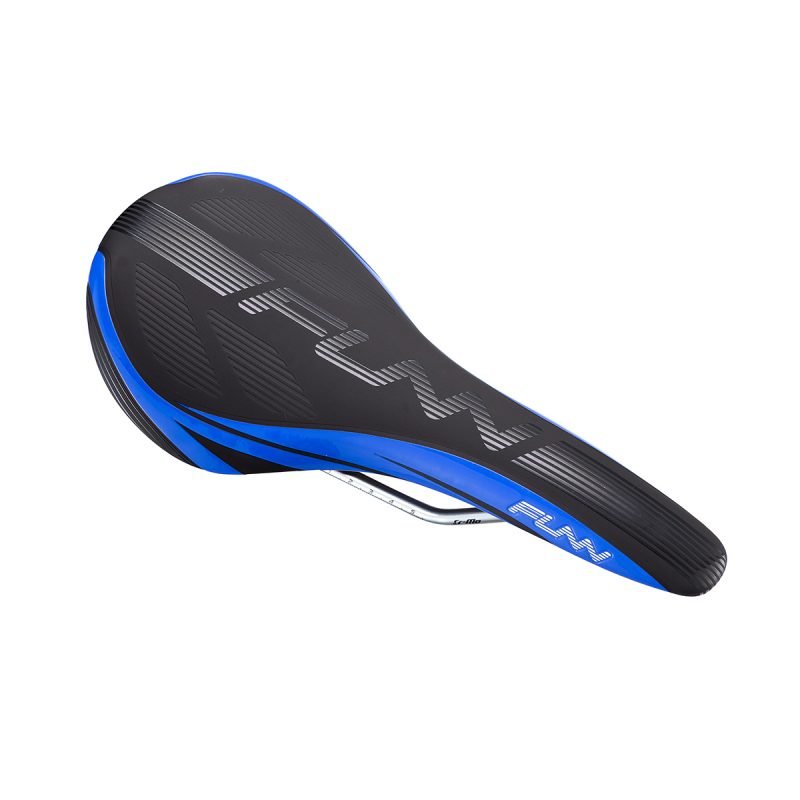 A blue and black Adlib bicycle saddle on a white background.