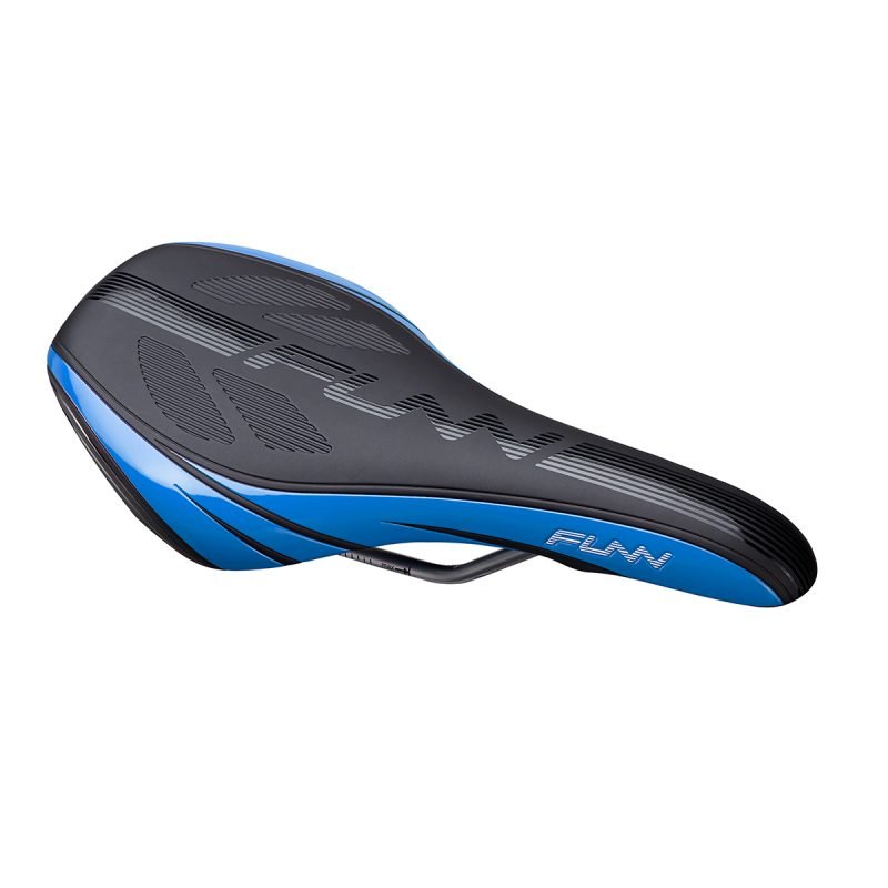 a blue and black Adlib HD bicycle saddle on a white background.