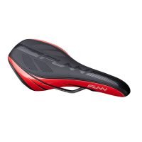 a red and black Adlib HD bicycle saddle on a white background.