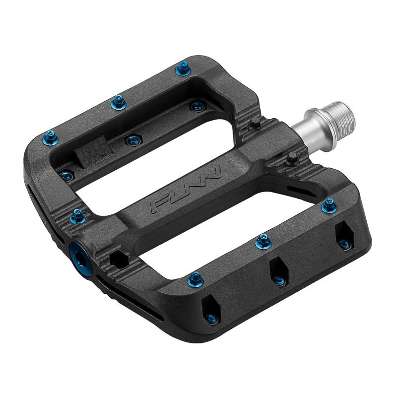 a Black Magic bicycle pedals with blue pins