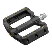 a Black Magic bicycle pedals with gold pins