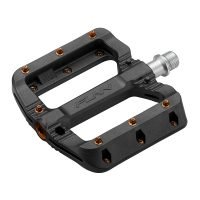 a Black Magic bicycle pedals with orange pins