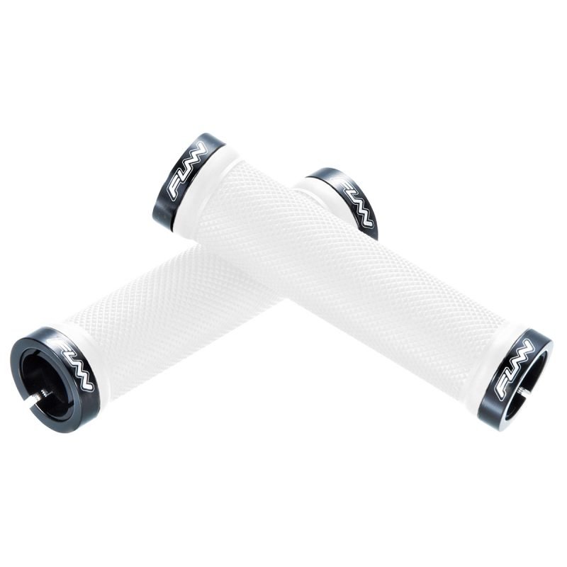 a pair of white Funn Combat double clamp lock-on bike Grips