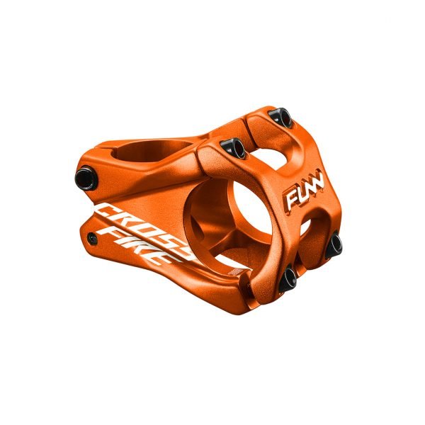 an orange Crossfire bike stem with 31.8mm bar clamp size and 35mm length.
