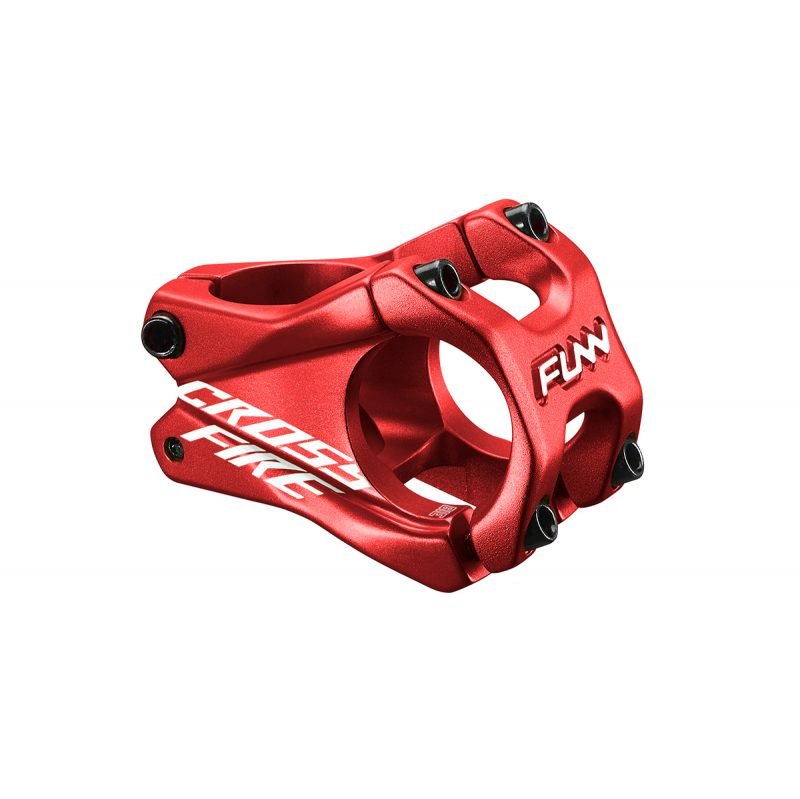 a red Crossfire bike stem with 31.8mm bar clamp size and 35mm length.