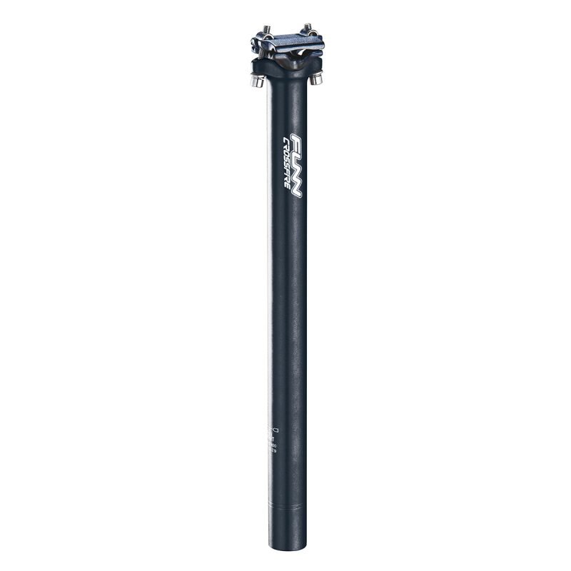 a black Crossfire bicycle Seatpost on a white background.
